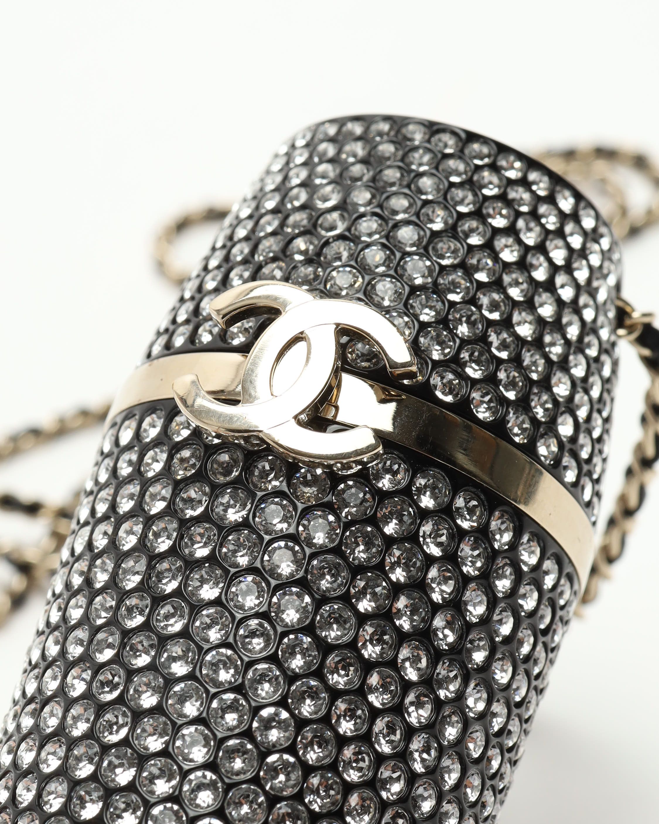 Pre-owned Chanel Rhinestone Embellished Lipstick Case On Chain In Black