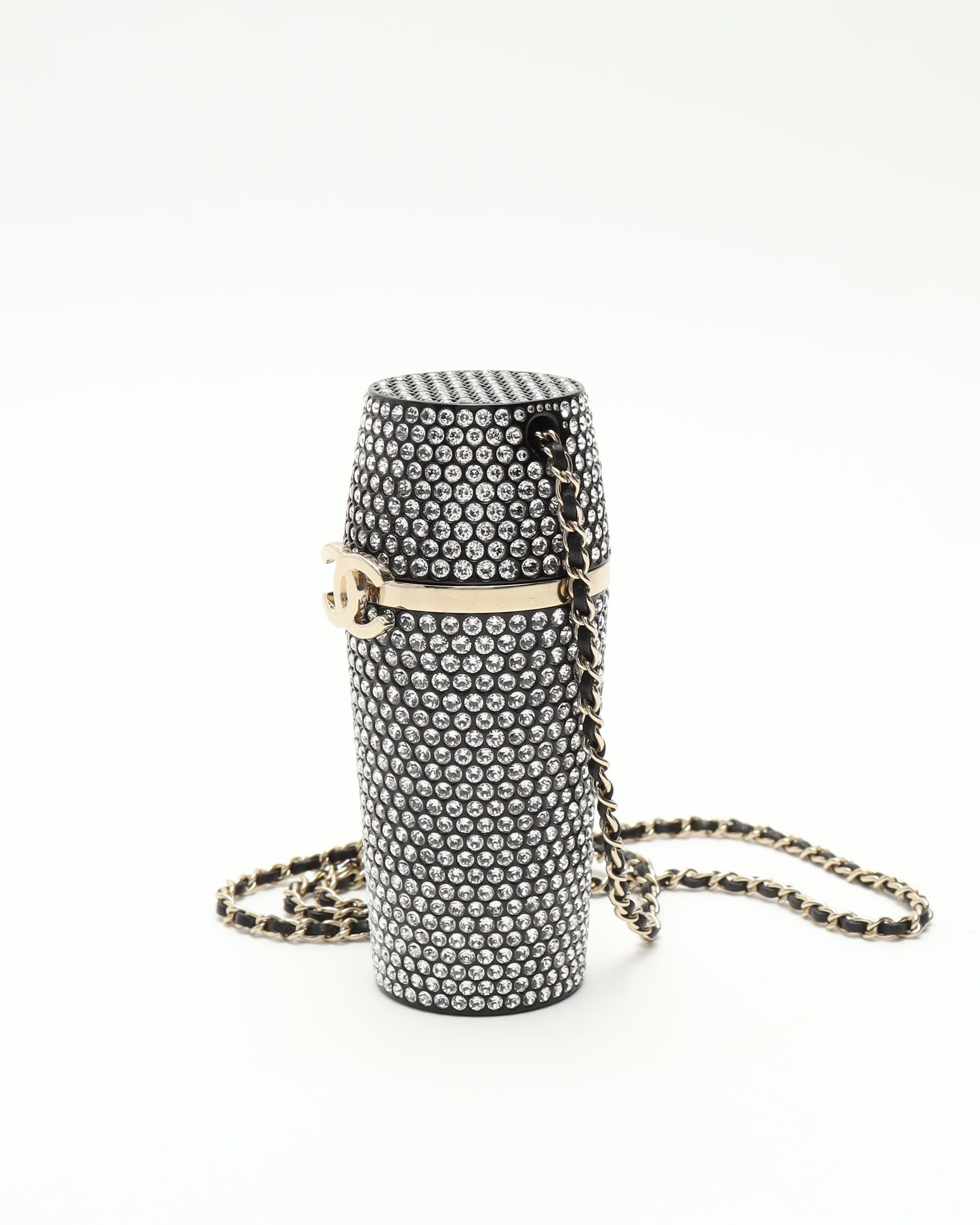 Pre-owned Chanel Rhinestone Embellished Lipstick Case On Chain In Black