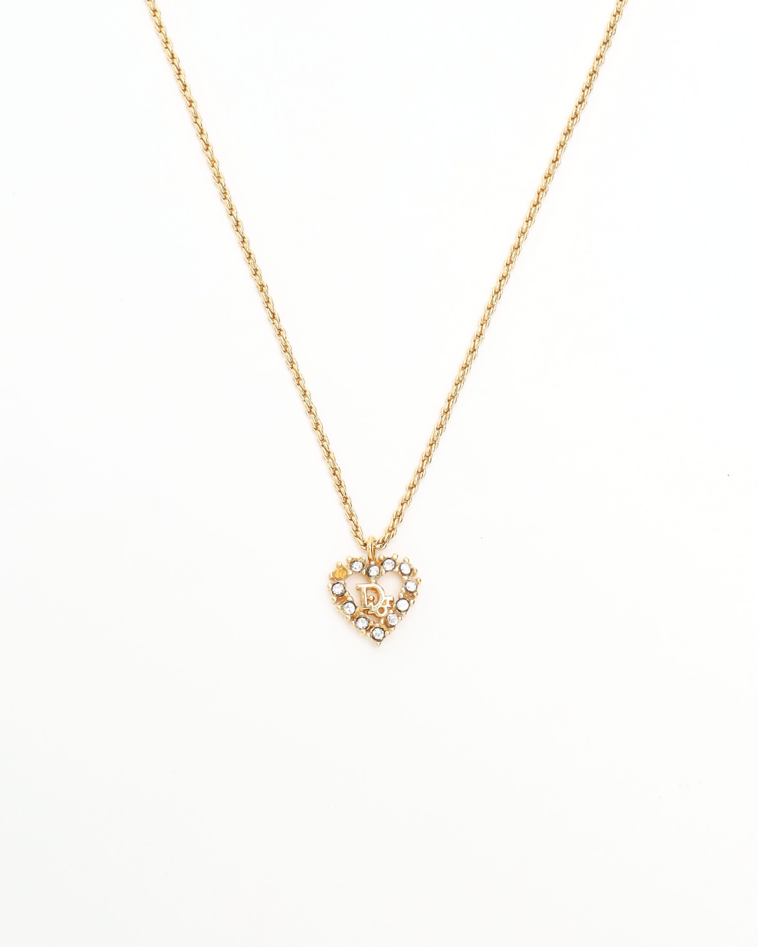 Dior Christian  Rhinestone Heart Necklace In Gold