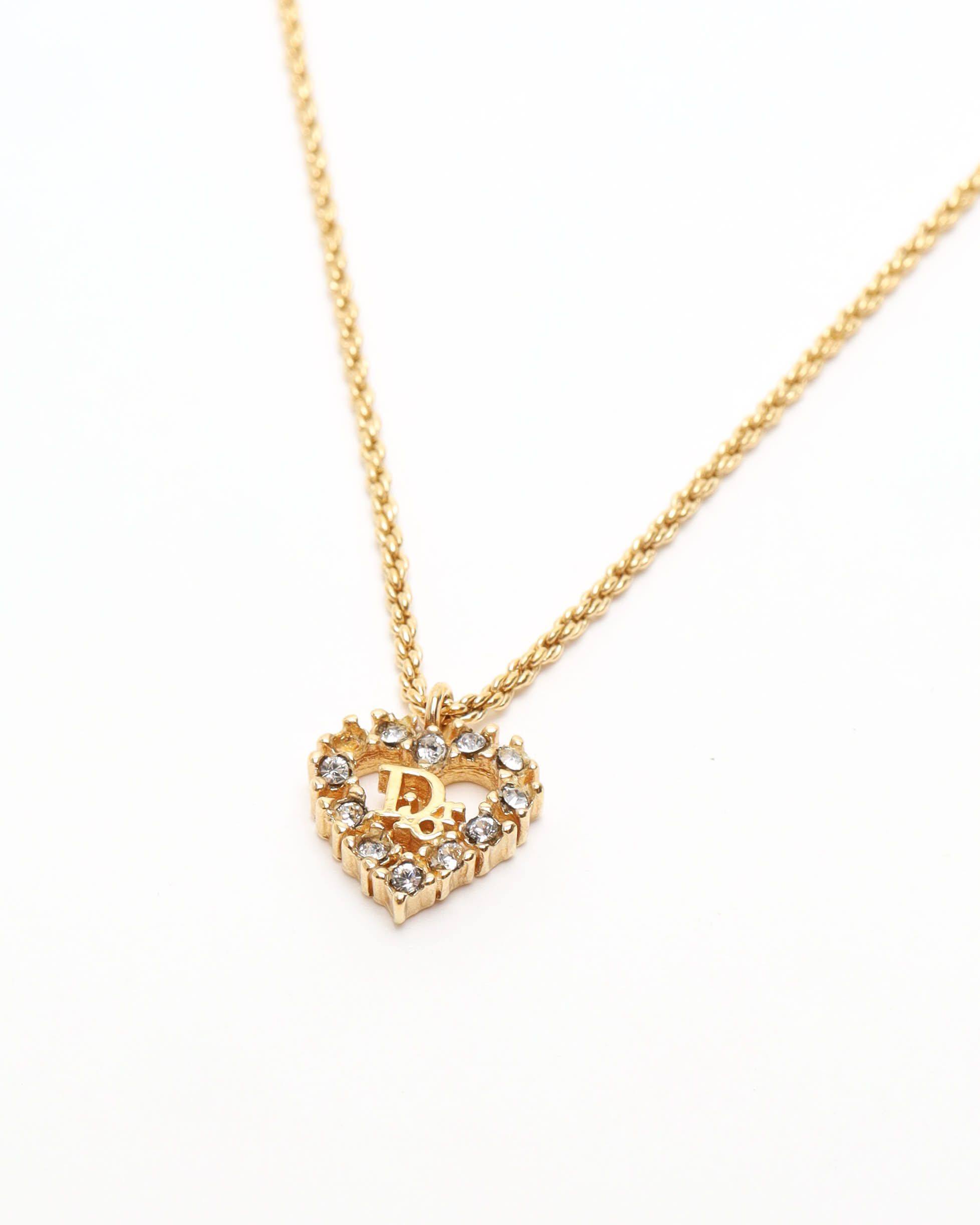 Dior Christian  Rhinestone Heart Necklace In Gold