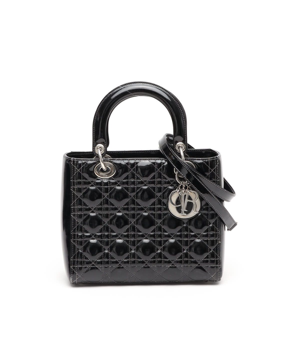 Dior Christian Medium Patent Lady Bag In Black