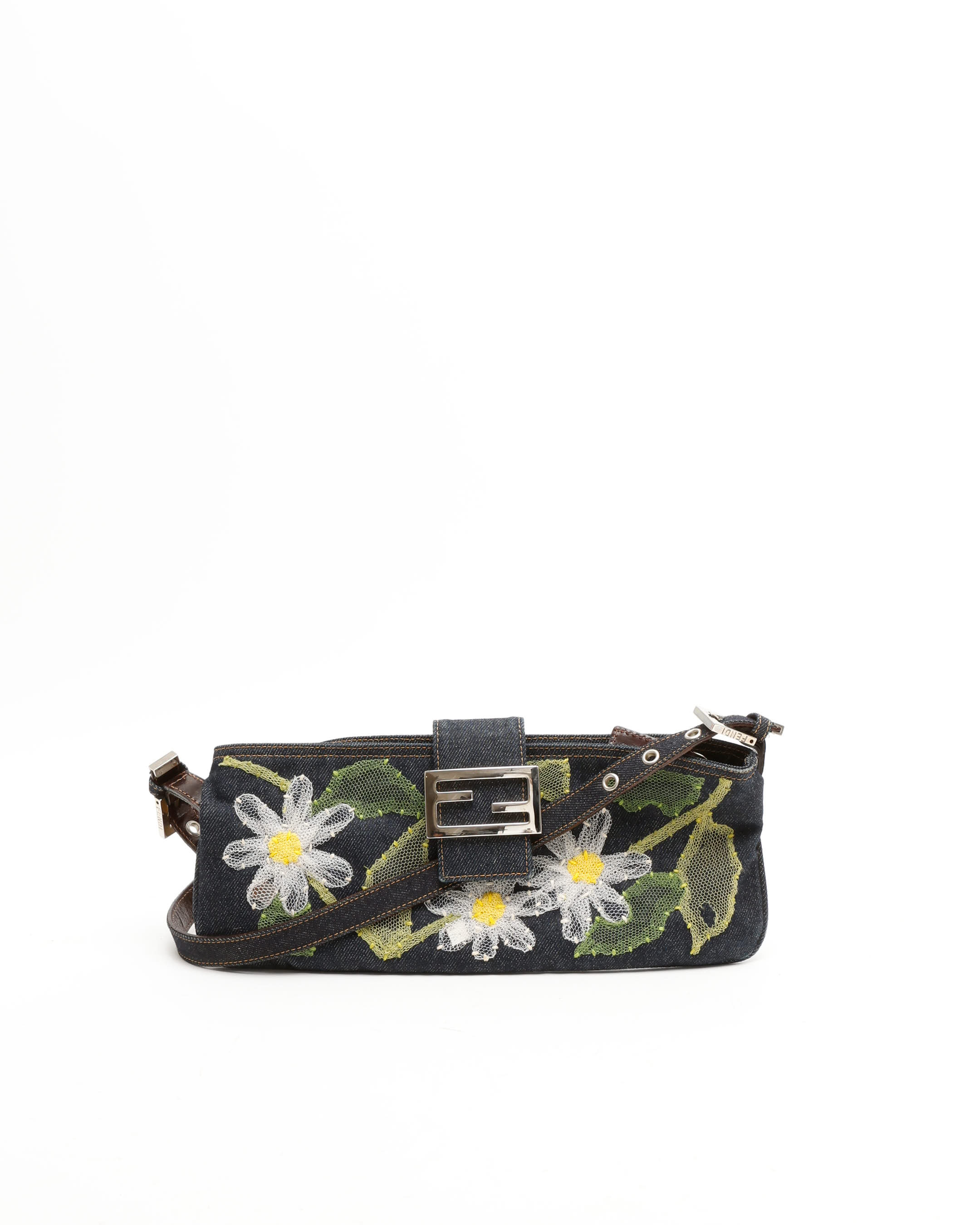 Fendi Denim Flower Baguette Bag In Multi