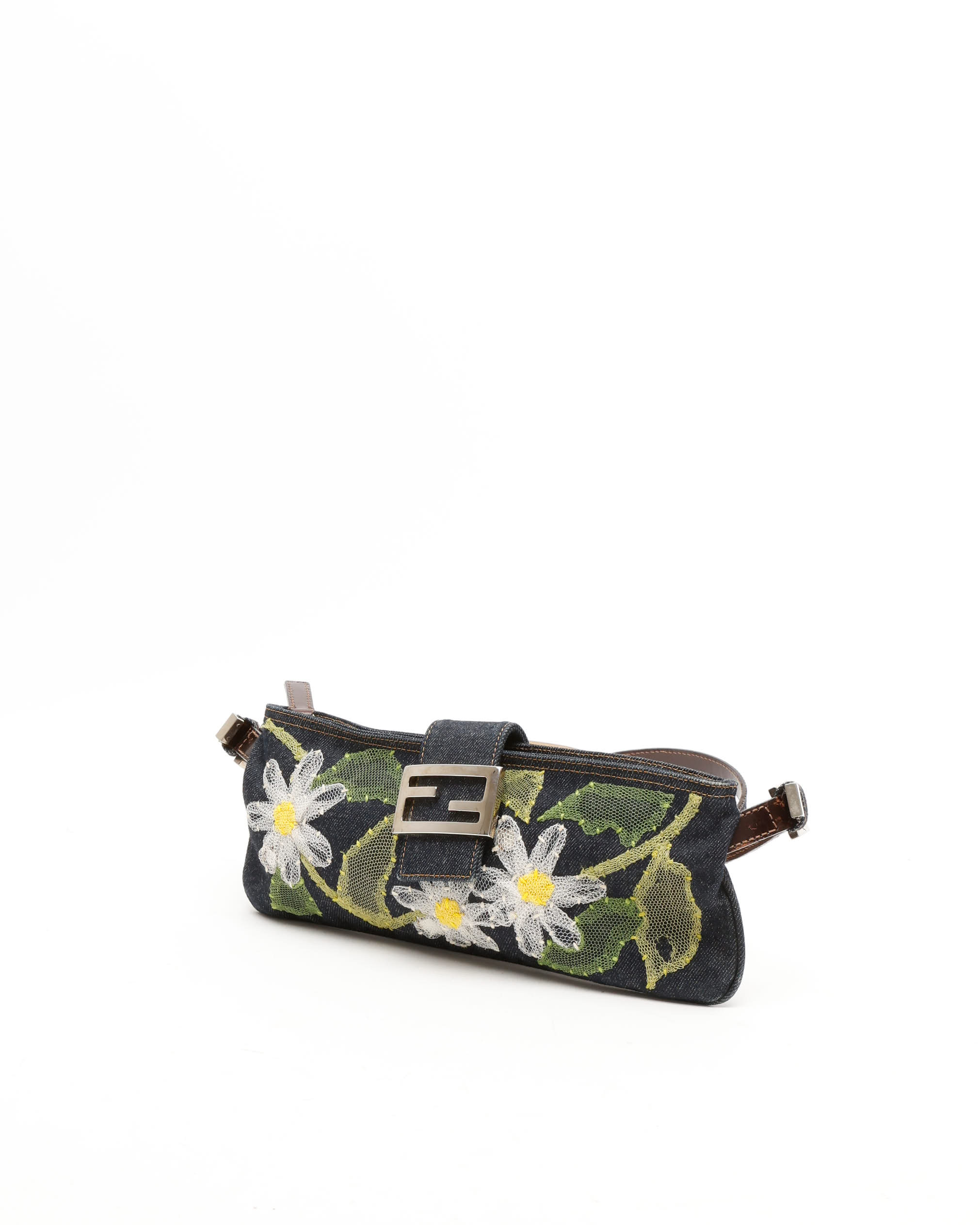 Fendi Denim Flower Baguette Bag In Multi