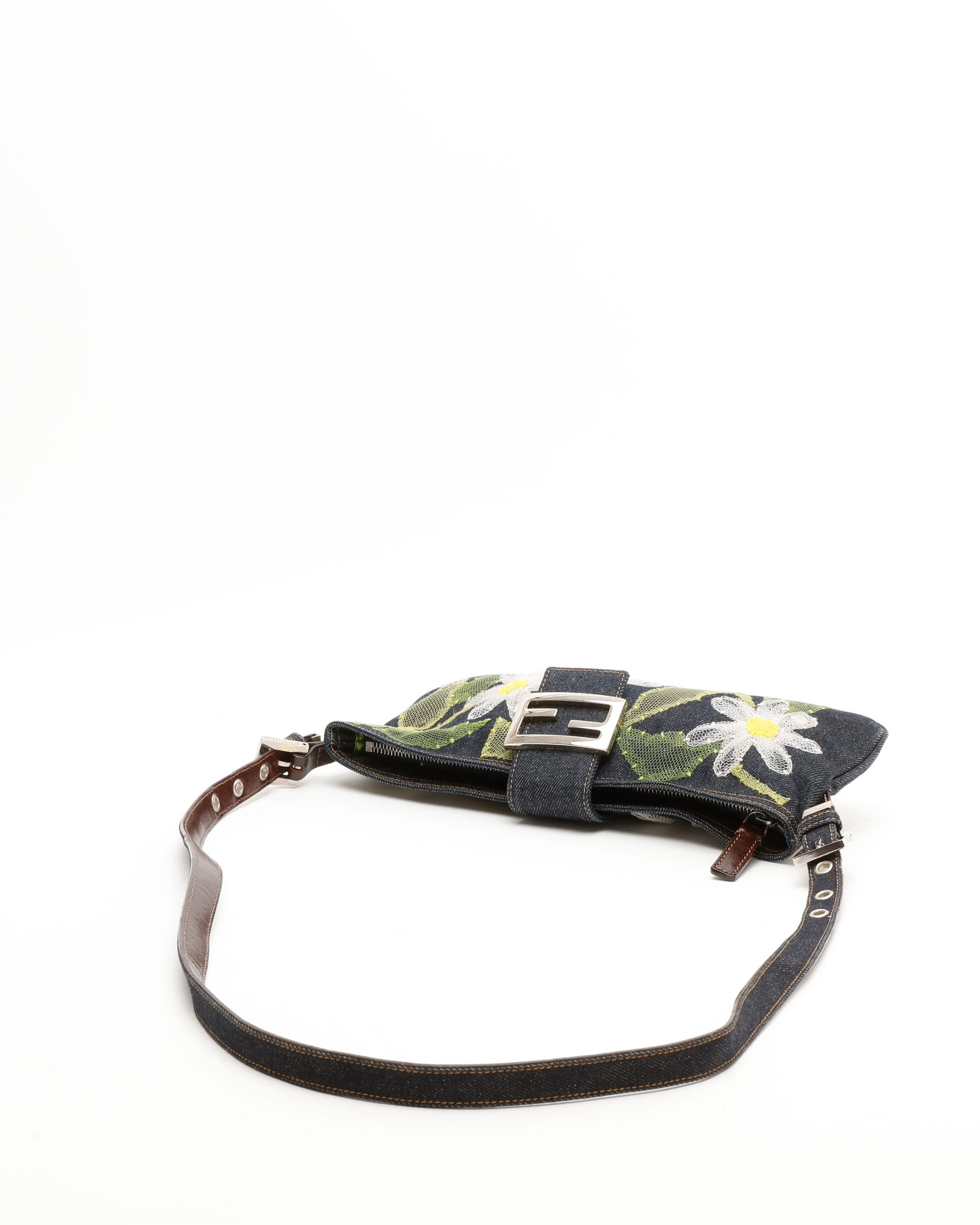 Fendi Denim Flower Baguette Bag In Multi