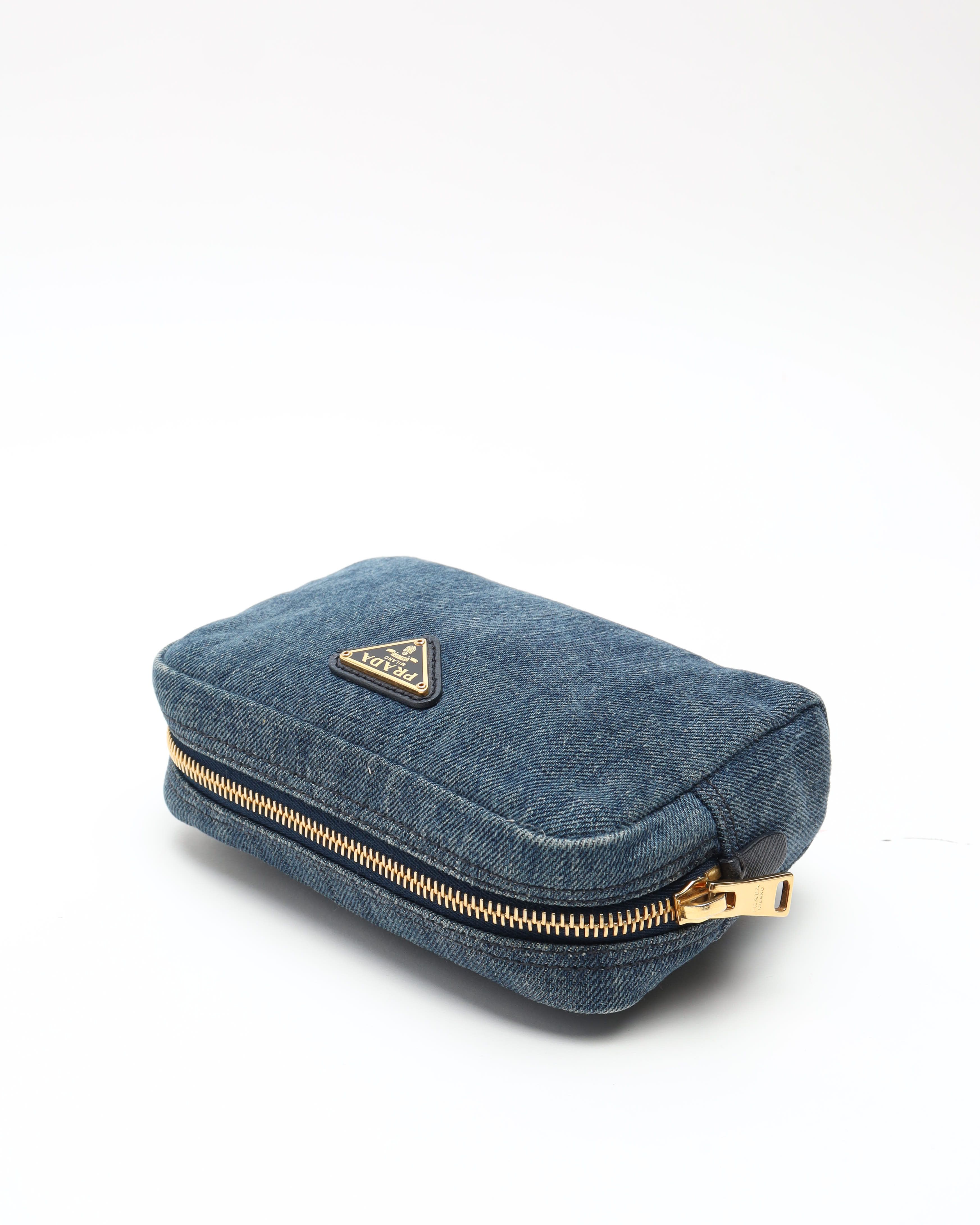 Prada Denim Toiletry Pouch In Blue