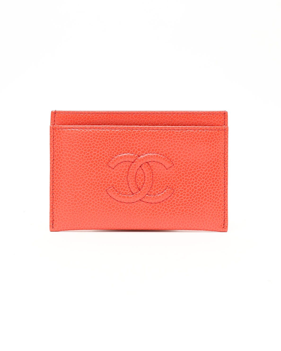 Pre-owned Chanel Coco Mark Caviar Card Holder In Red