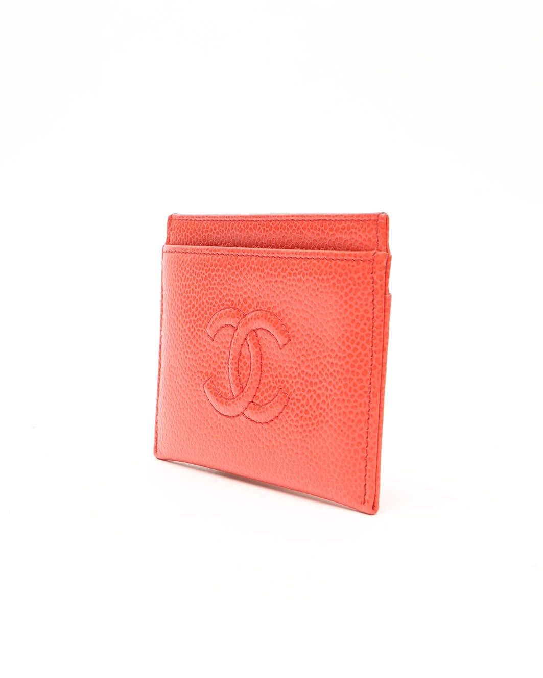 Pre-owned Chanel Coco Mark Caviar Card Holder In Red
