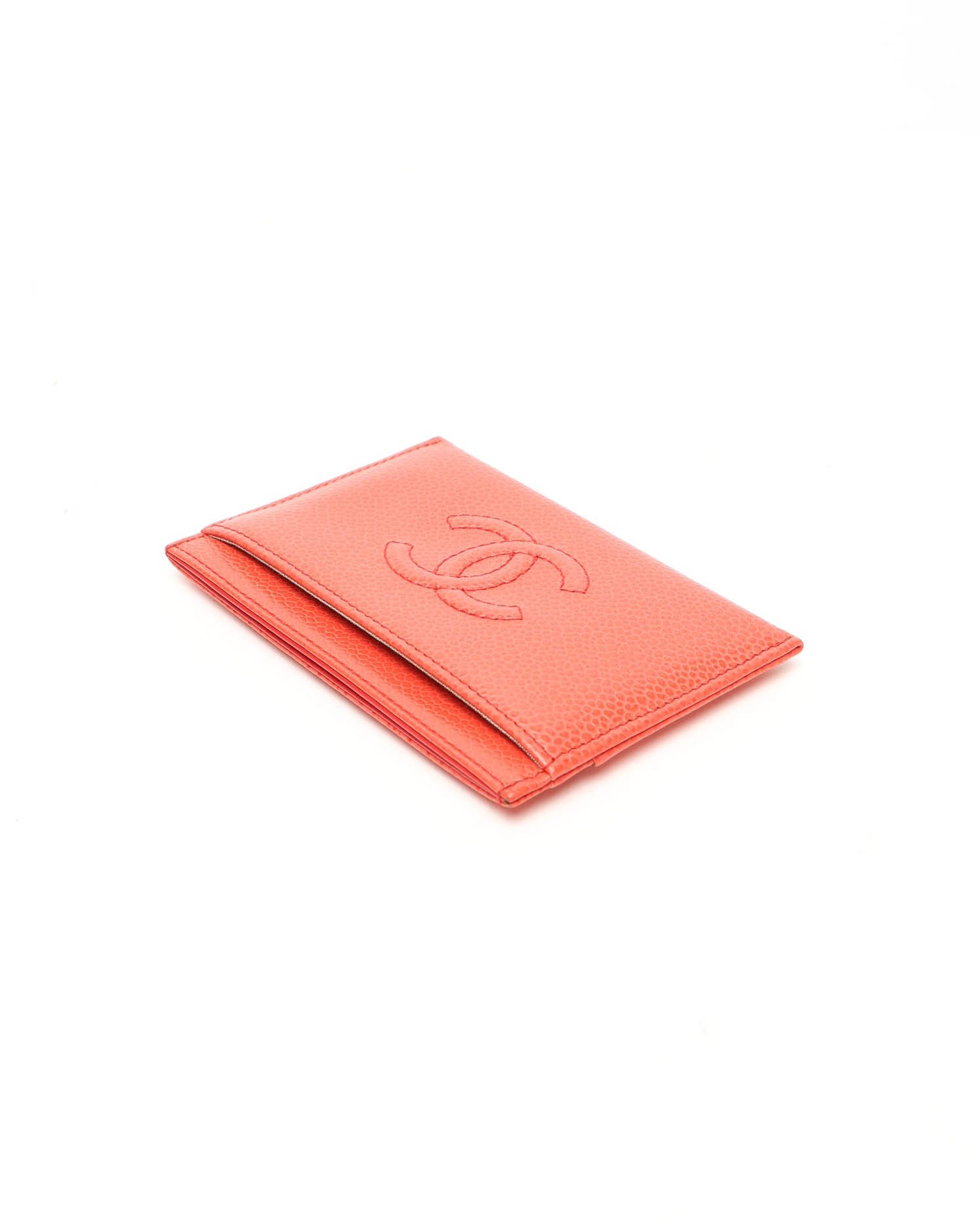 Pre-owned Chanel Coco Mark Caviar Card Holder In Red