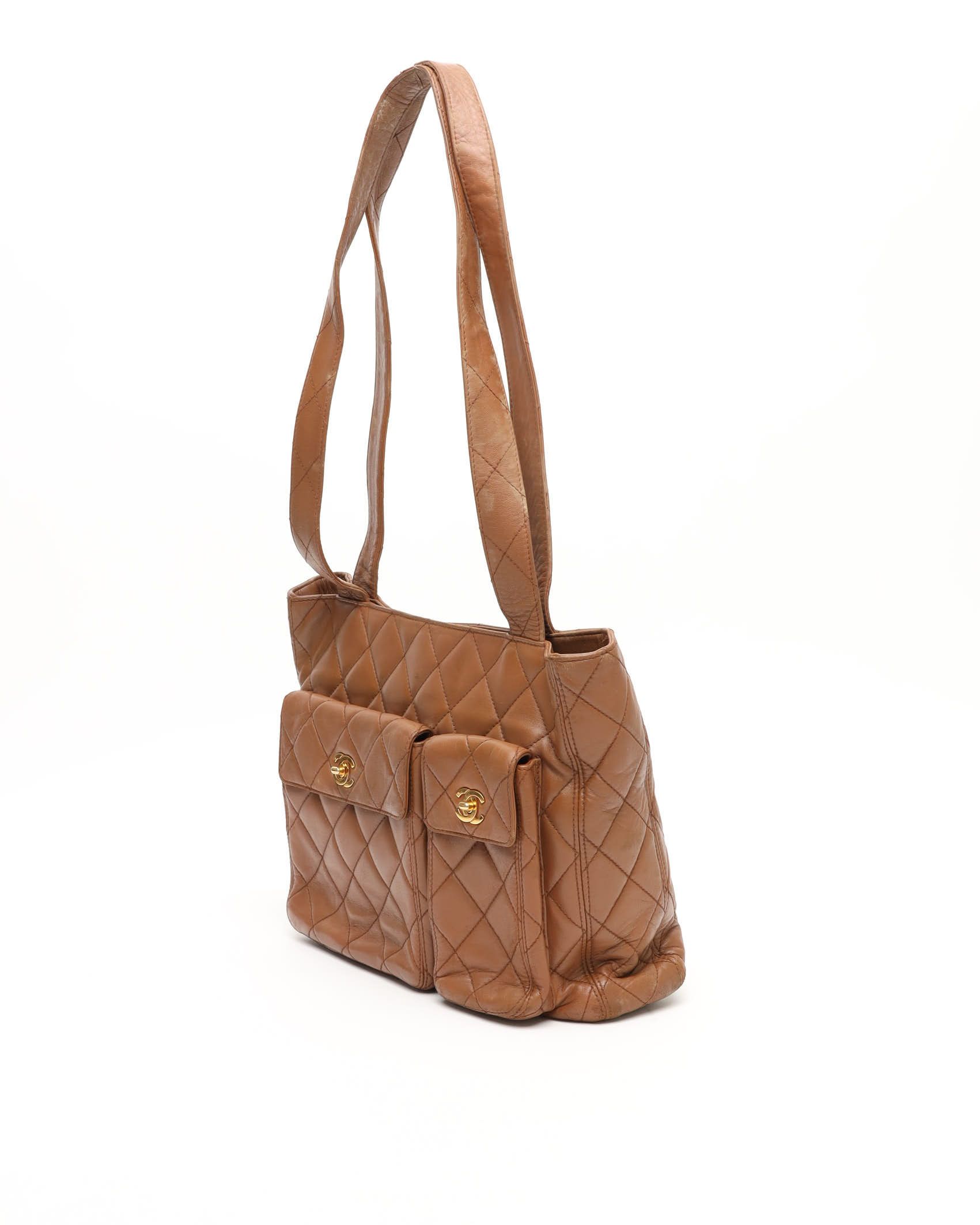 Pre-owned Chanel Cc Quilted Double Pocket Tote Bag In Brown