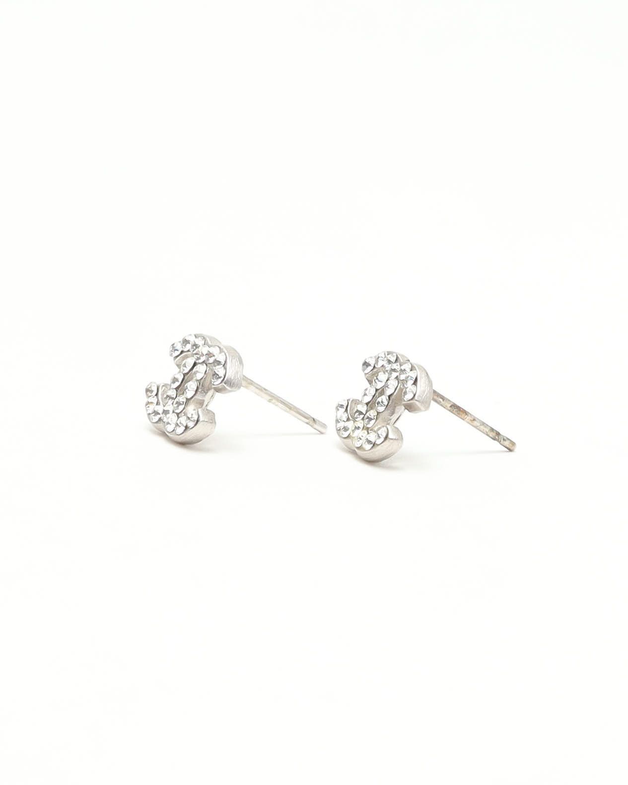 Pre-owned Chanel Coco Mark Rhinestone Earrings In Silver
