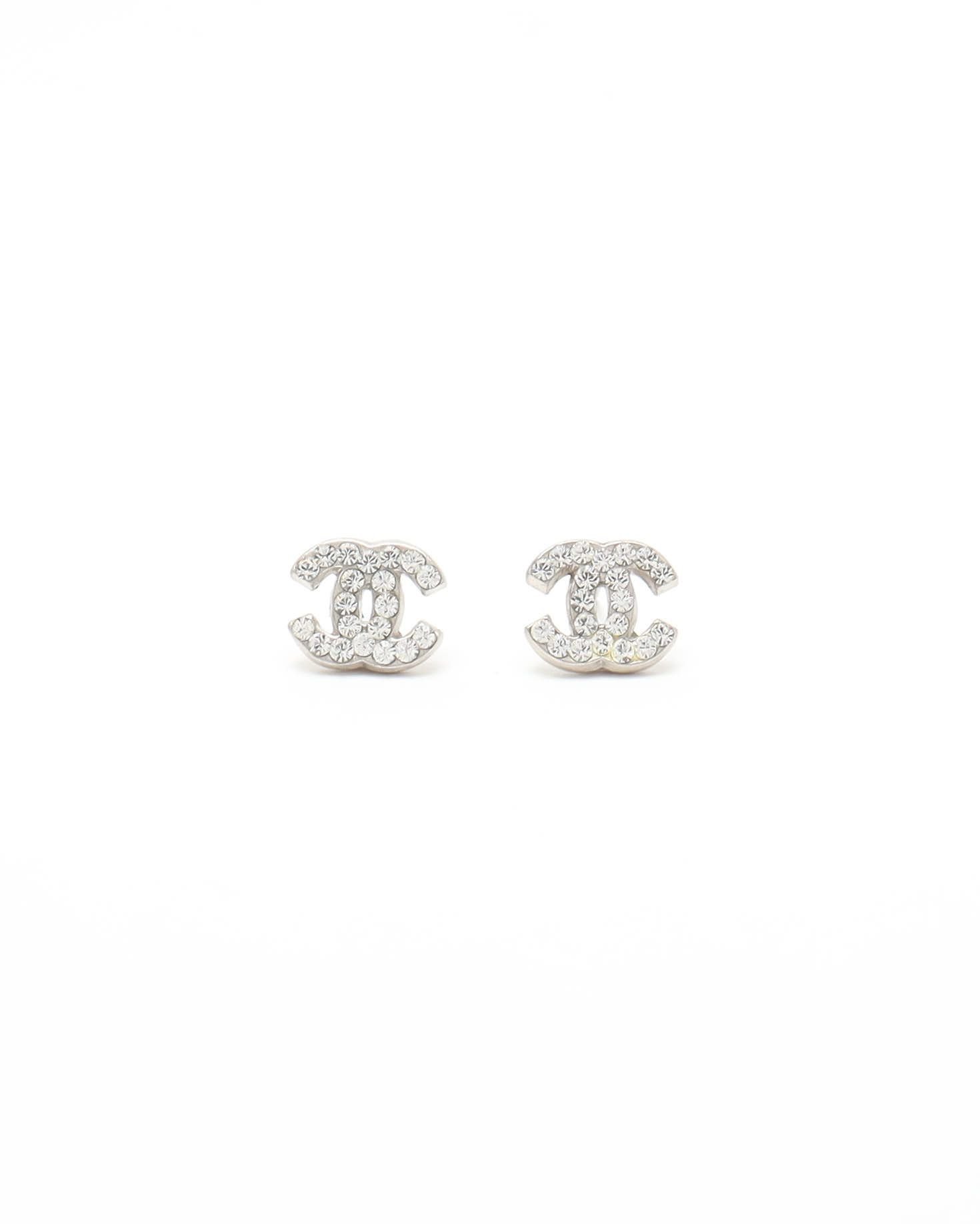 Pre-owned Chanel Coco Mark Rhinestone Earrings In Silver