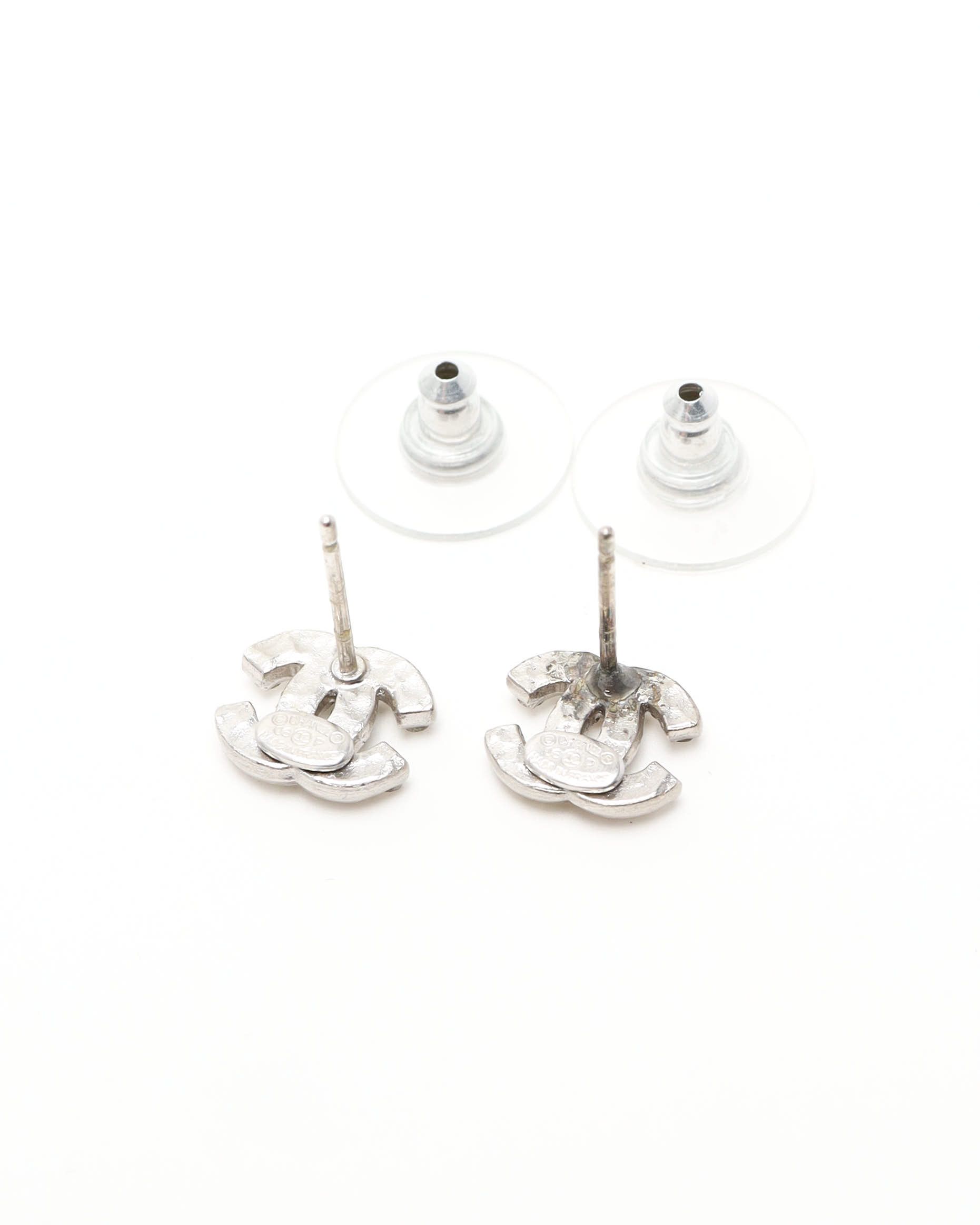 Pre-owned Chanel Coco Mark Rhinestone Earrings In Silver