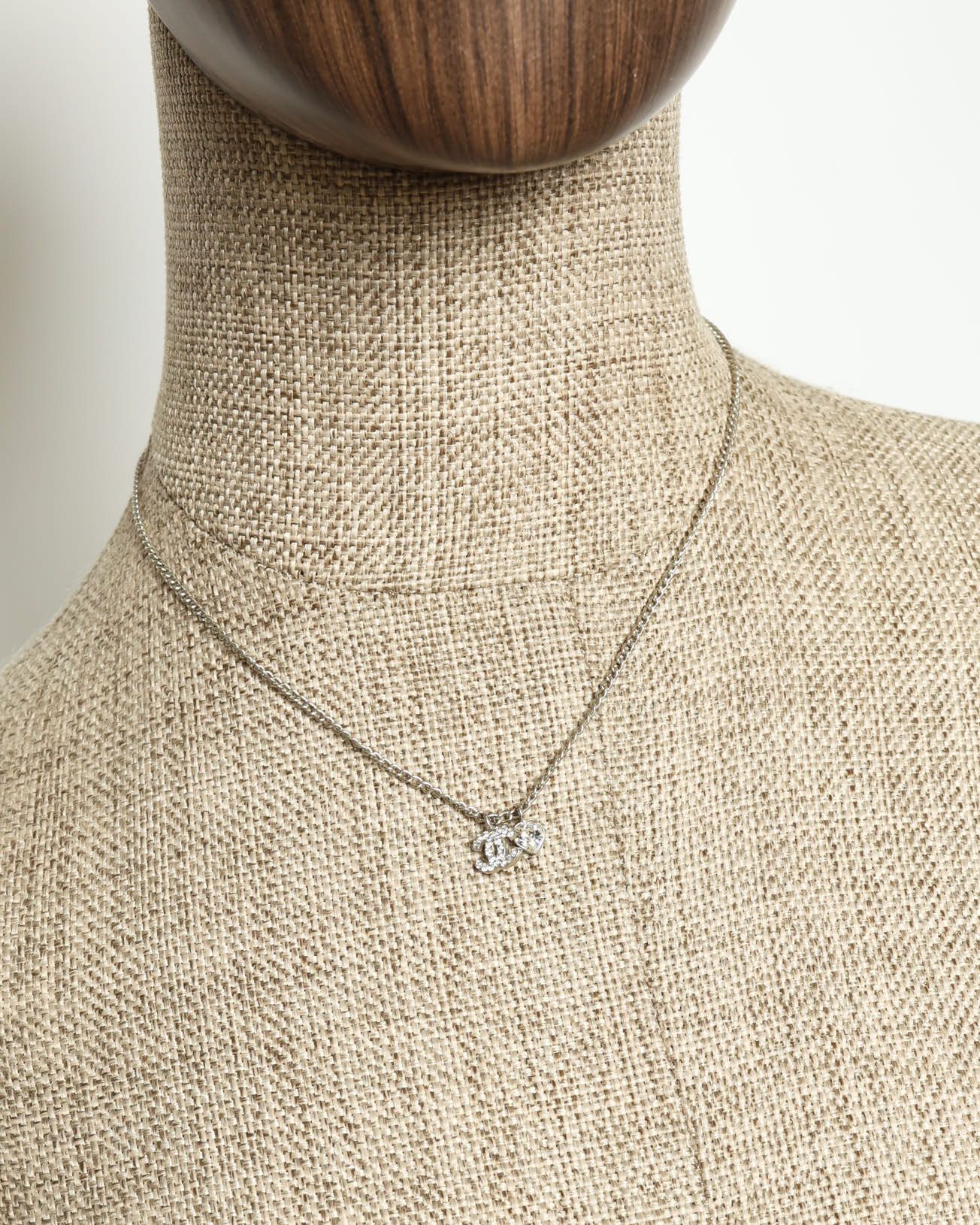 Pre-owned Chanel Coco Mark Rhinestone Necklace In Silver