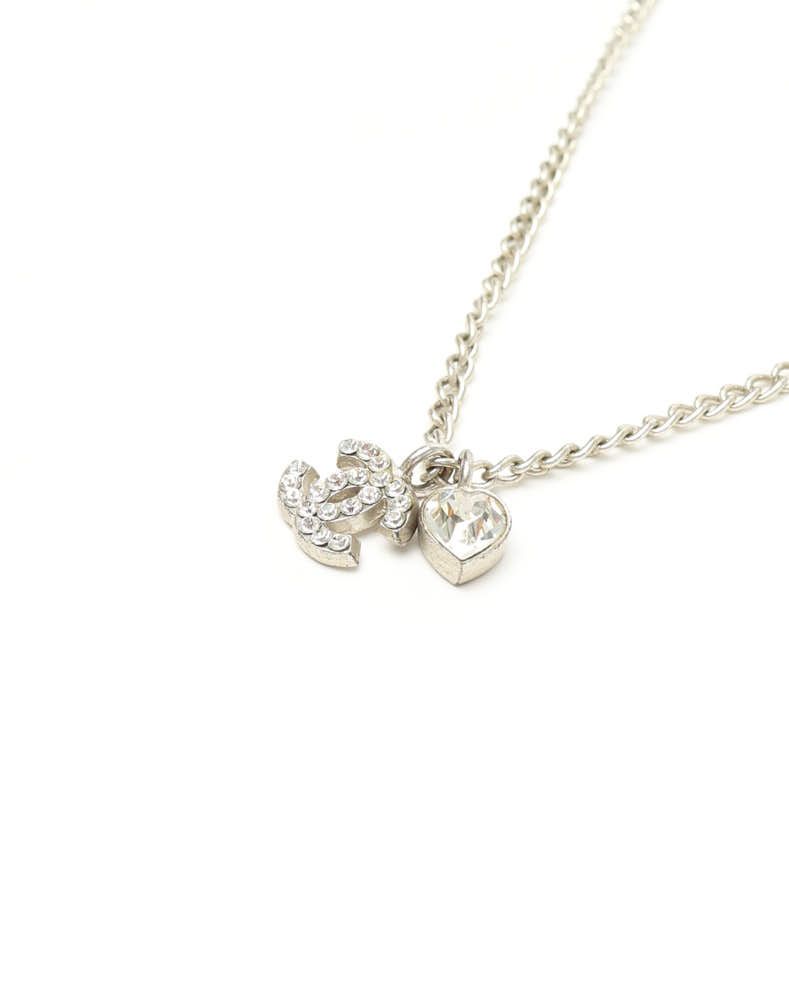 Pre-owned Chanel Coco Mark Rhinestone Necklace In Silver