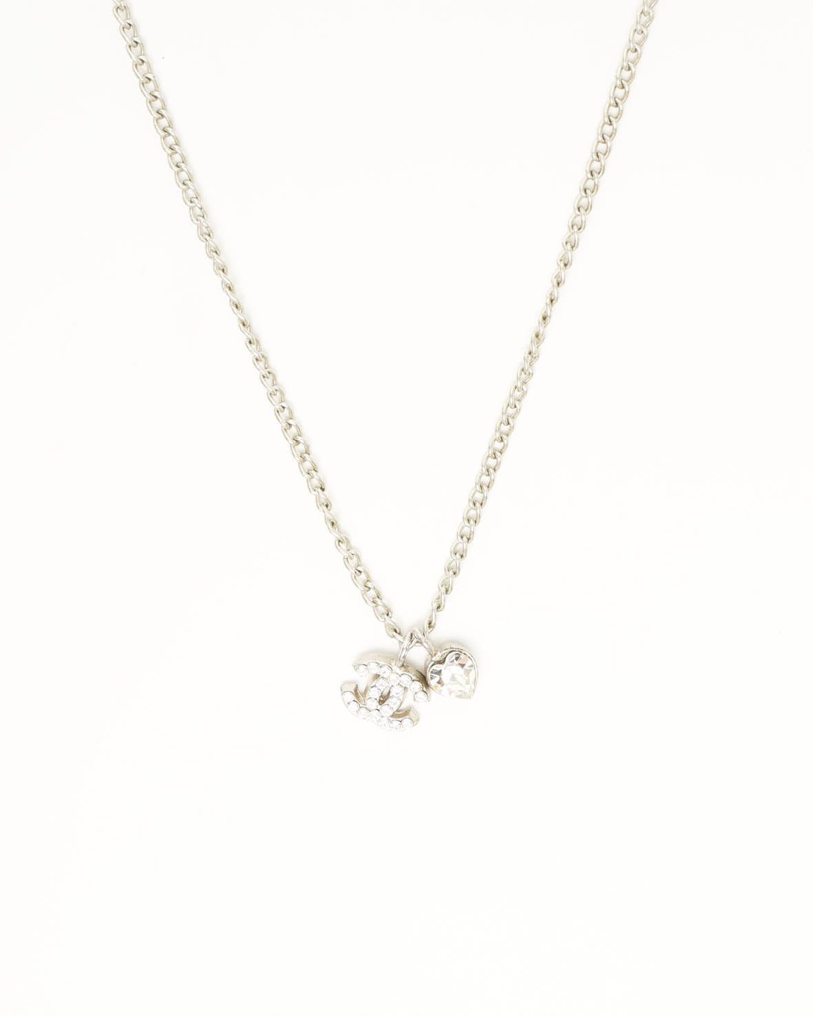 Pre-owned Chanel Coco Mark Rhinestone Necklace In Silver