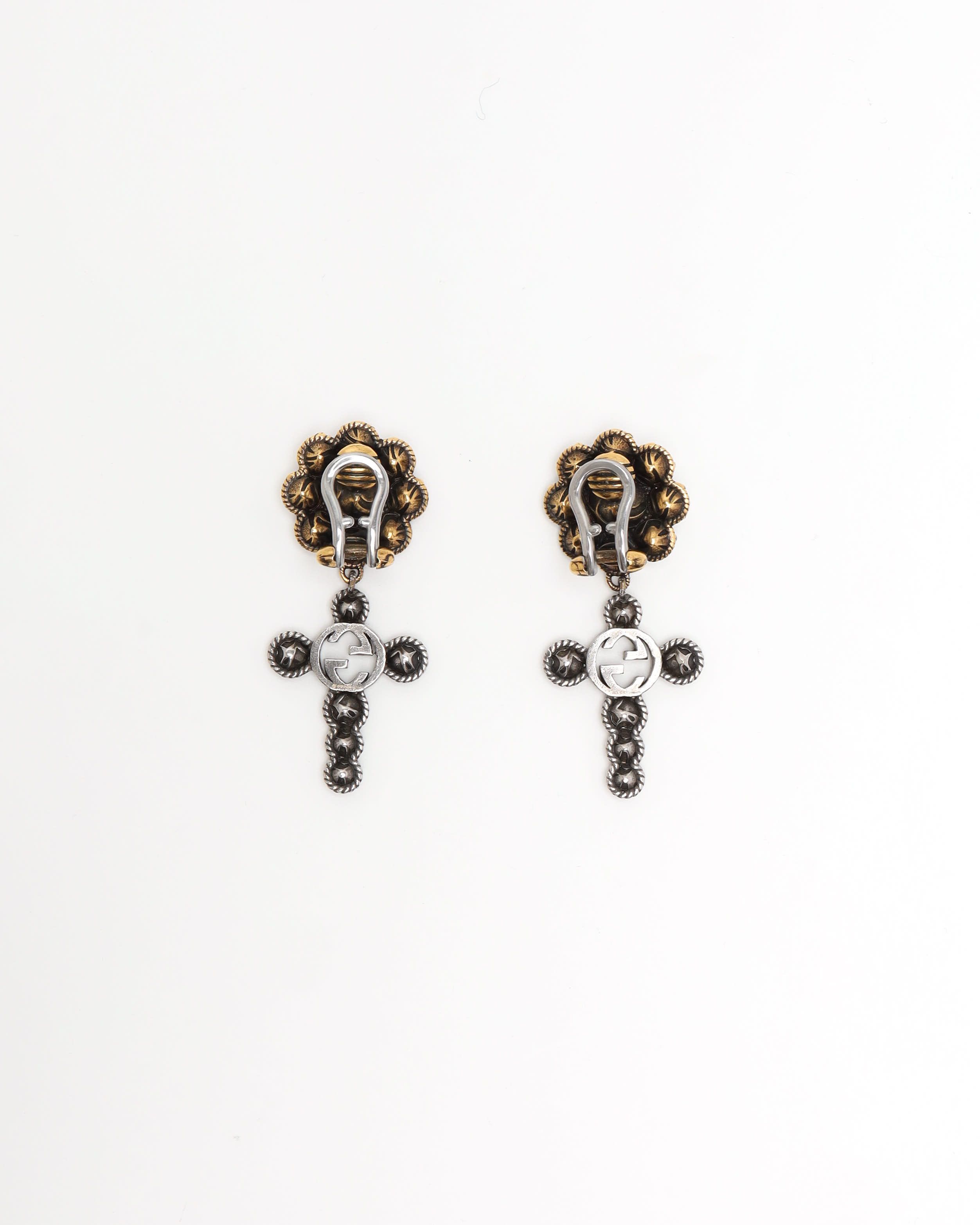 Gucci Interlocking G Flower Rhinestone Earrings In Gold