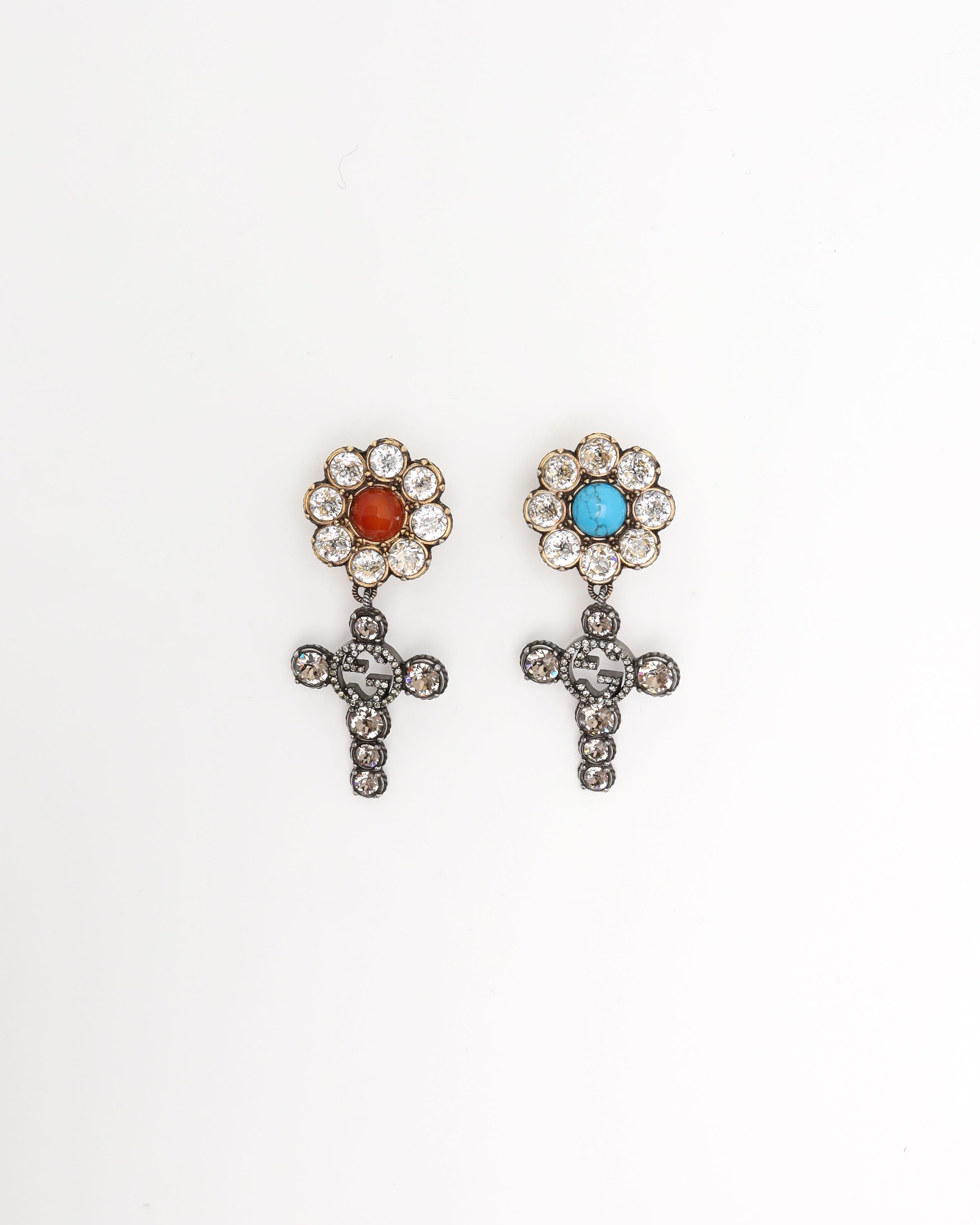 Gucci Interlocking G Flower Rhinestone Earrings In Gold