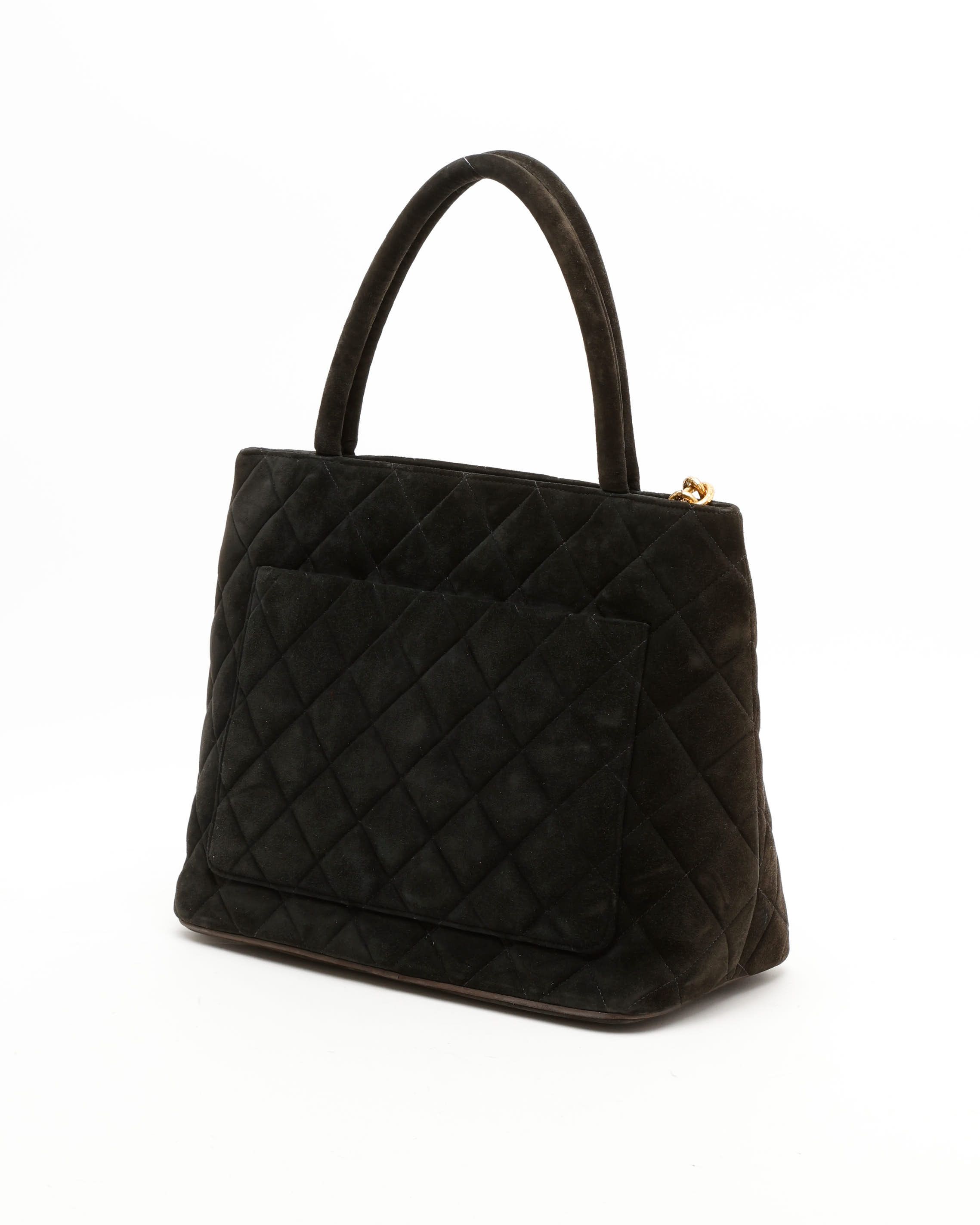Pre-owned Chanel Suede Medallion Tote Bag In Black
