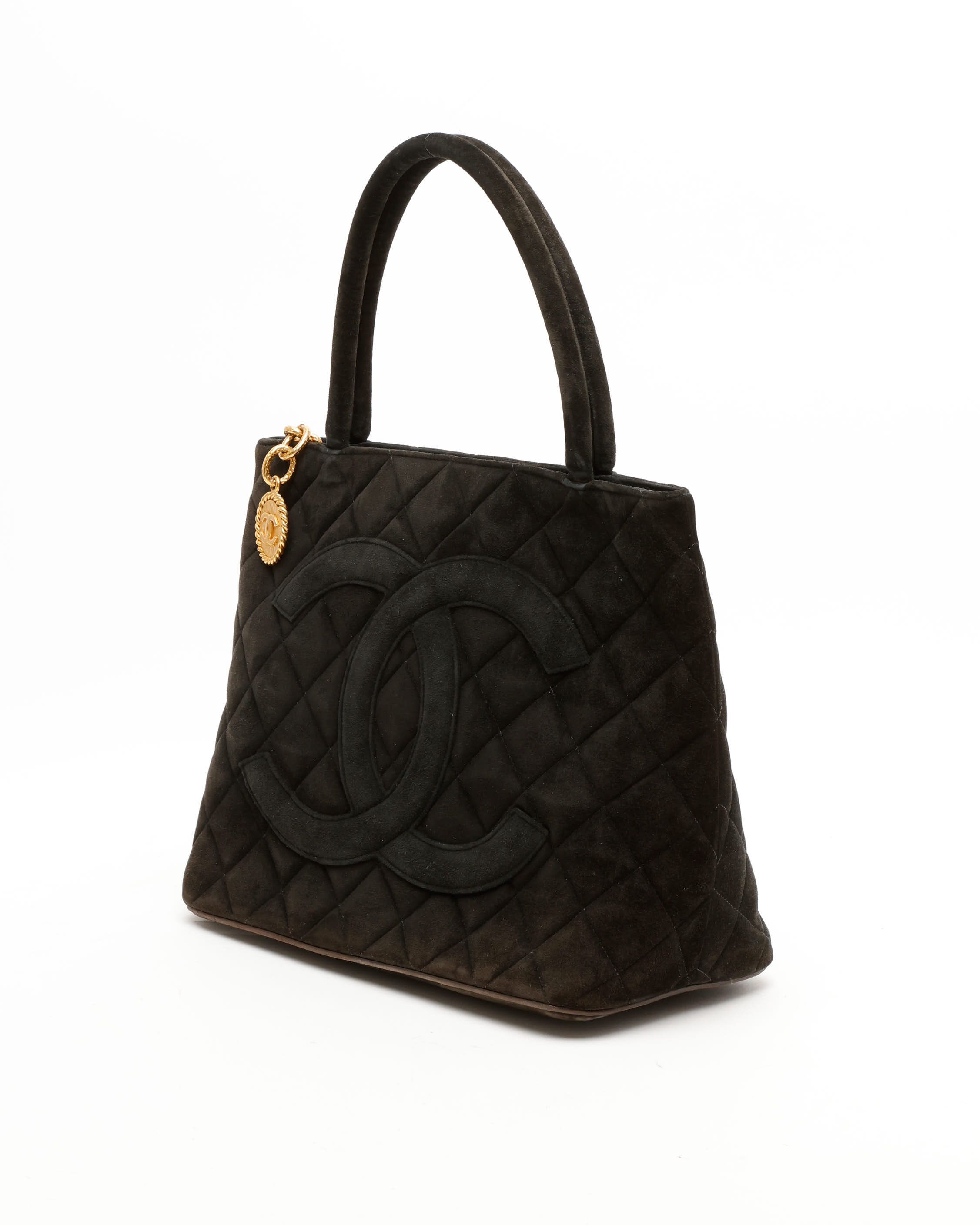 Pre-owned Chanel Suede Medallion Tote Bag In Black