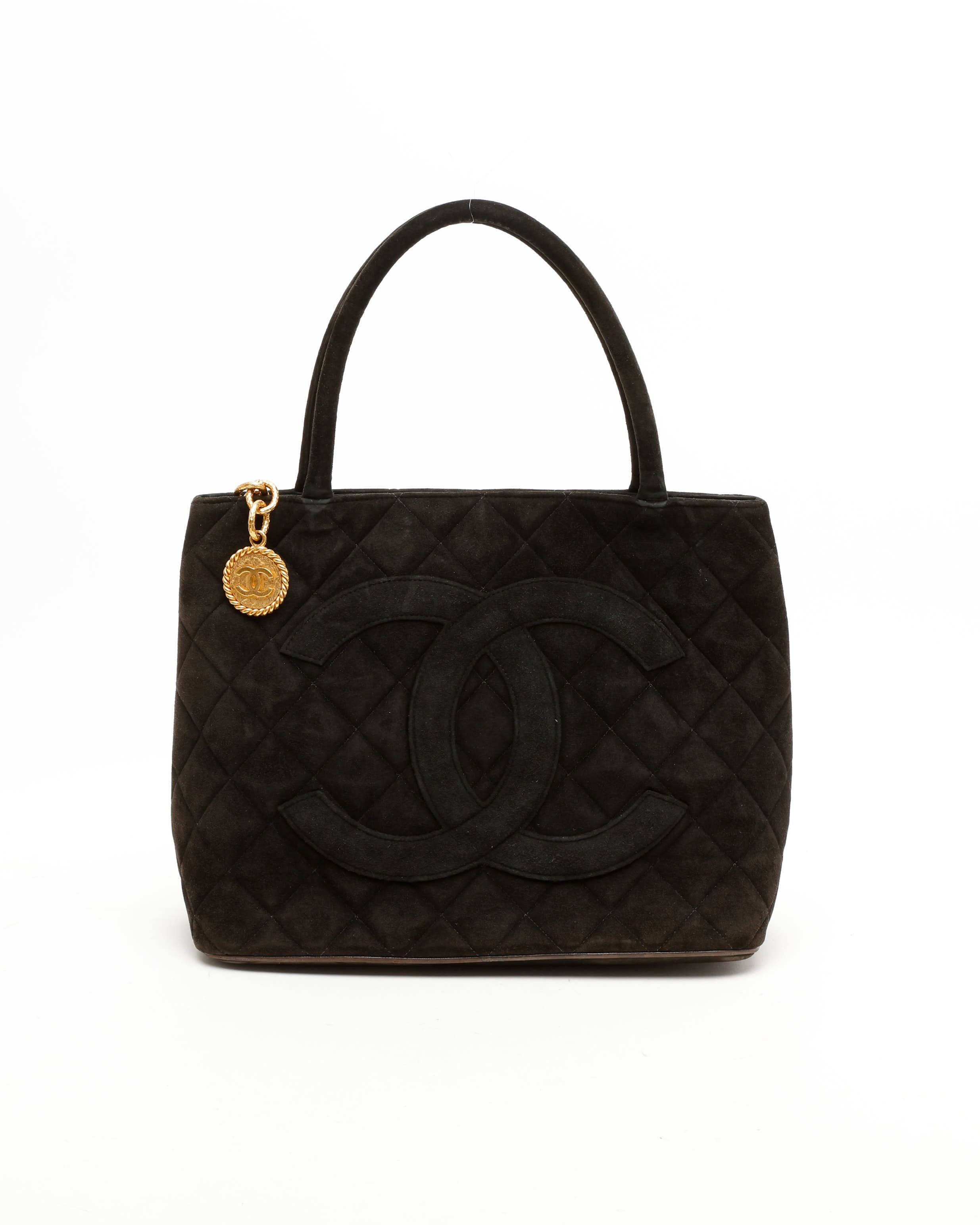 Pre-owned Chanel Suede Medallion Tote Bag In Black