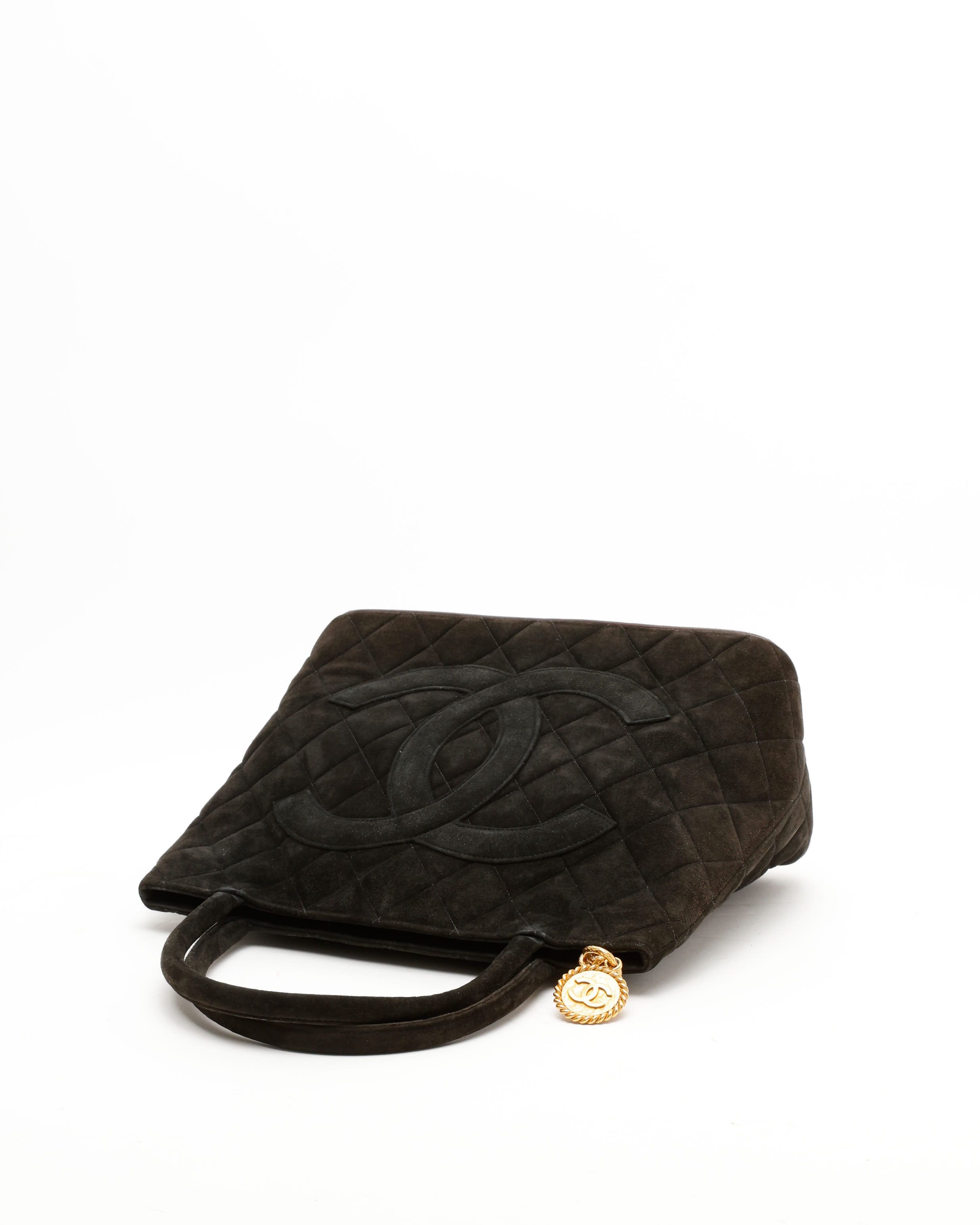 Pre-owned Chanel Suede Medallion Tote Bag In Black