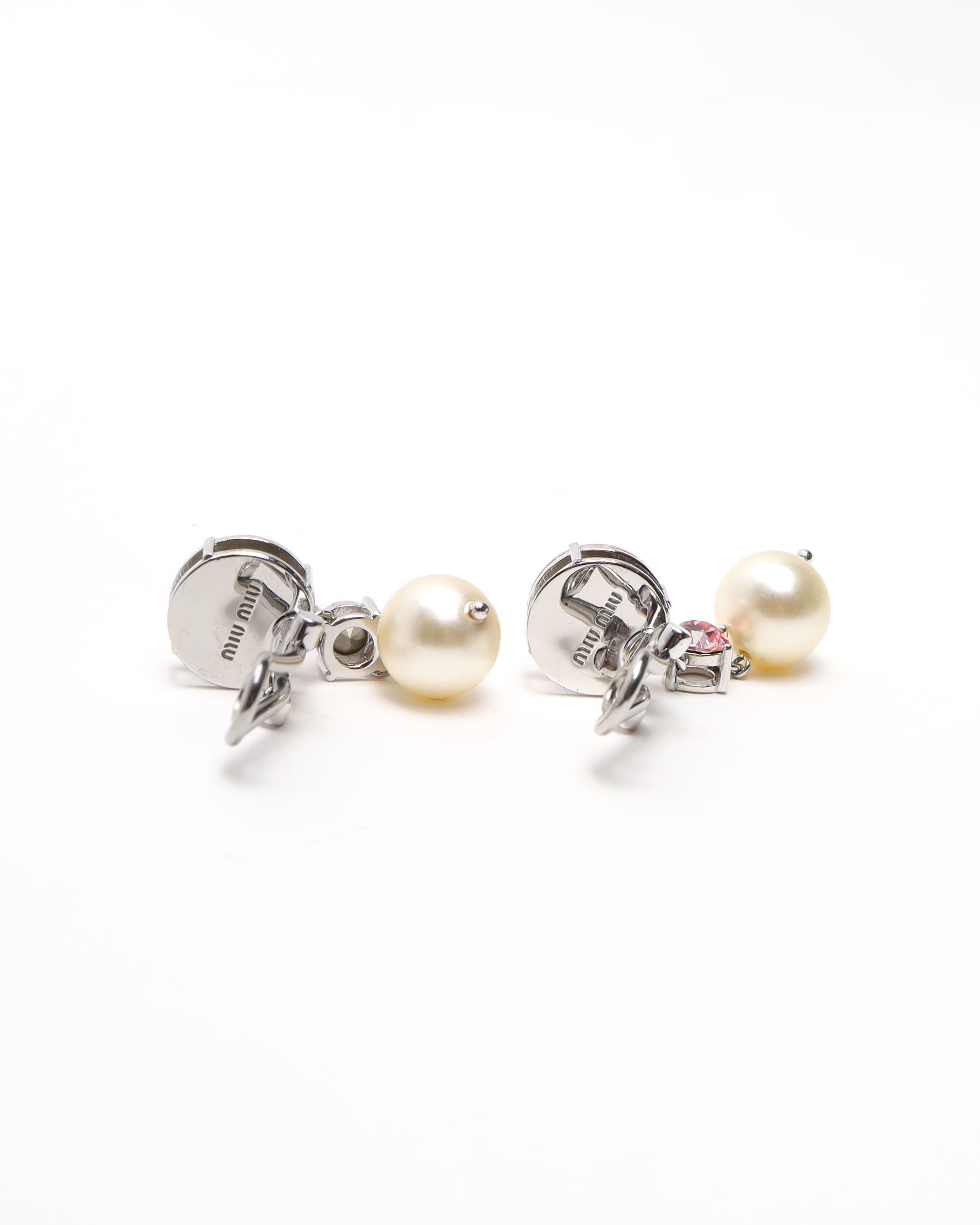 Miu Miu Rhinestone And Dangling Pearl Clip-on Earrings In Multi
