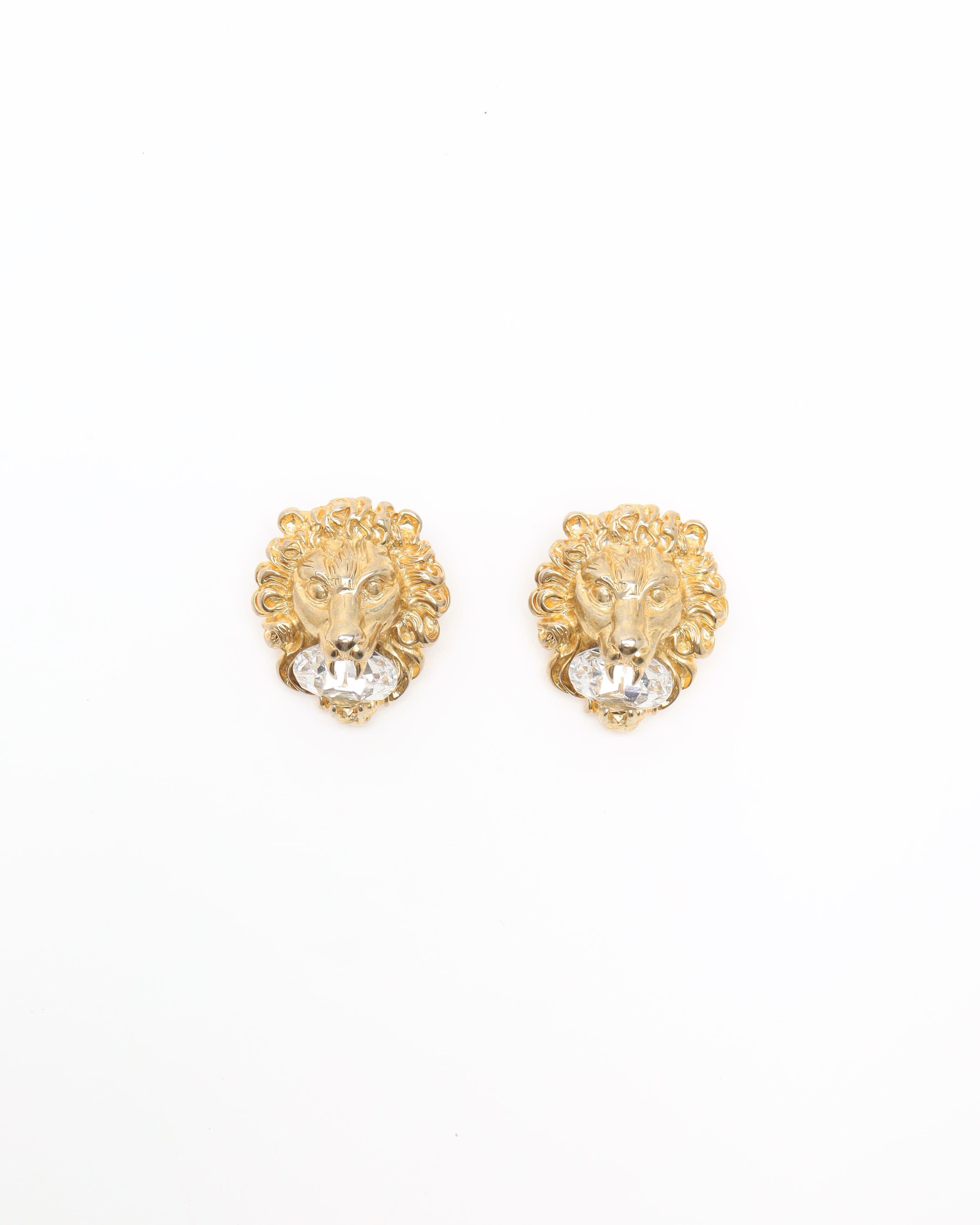 Gucci Lion Rhinestone Clip-on Earrings In Gold