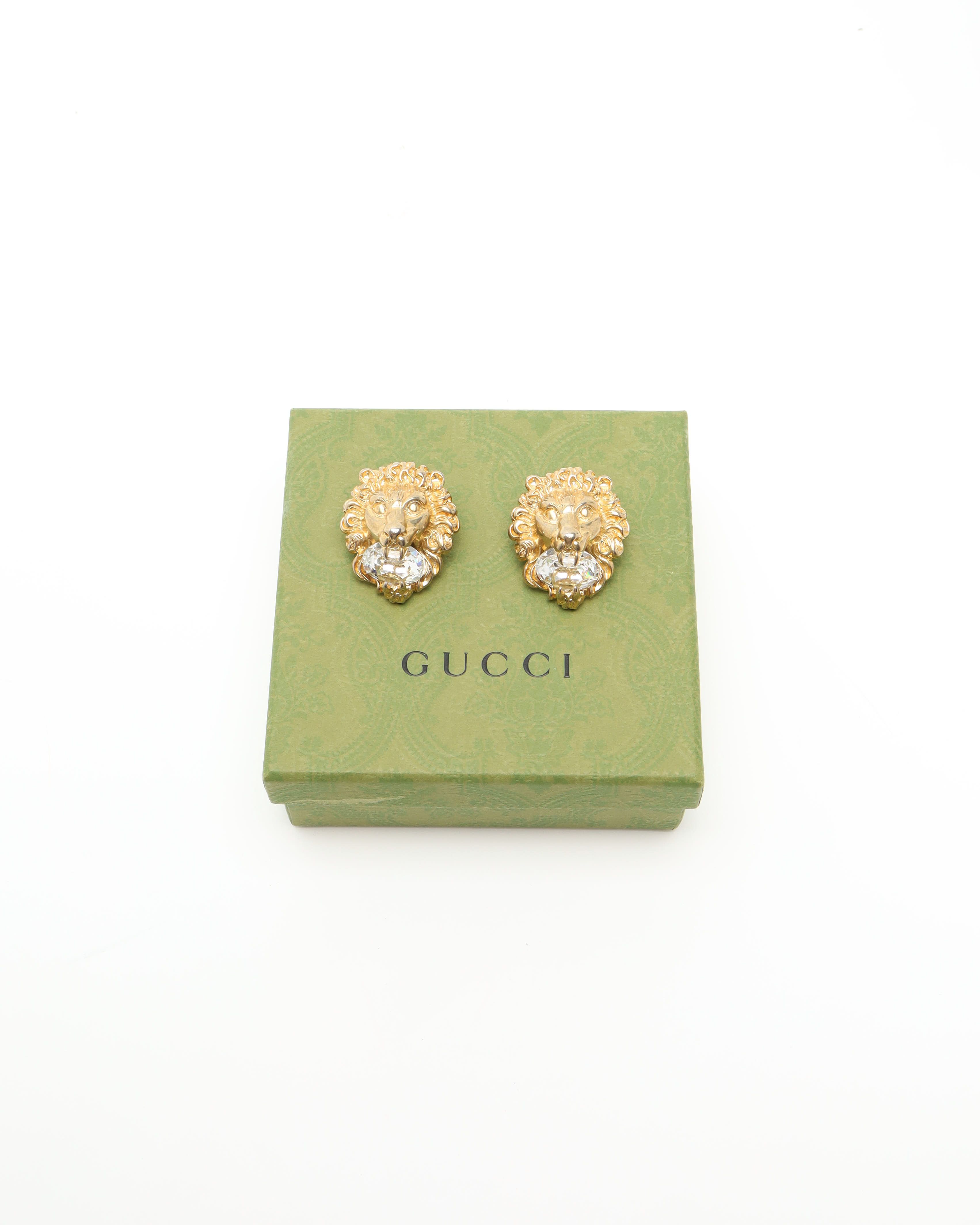 Gucci Lion Rhinestone Clip-on Earrings In Gold