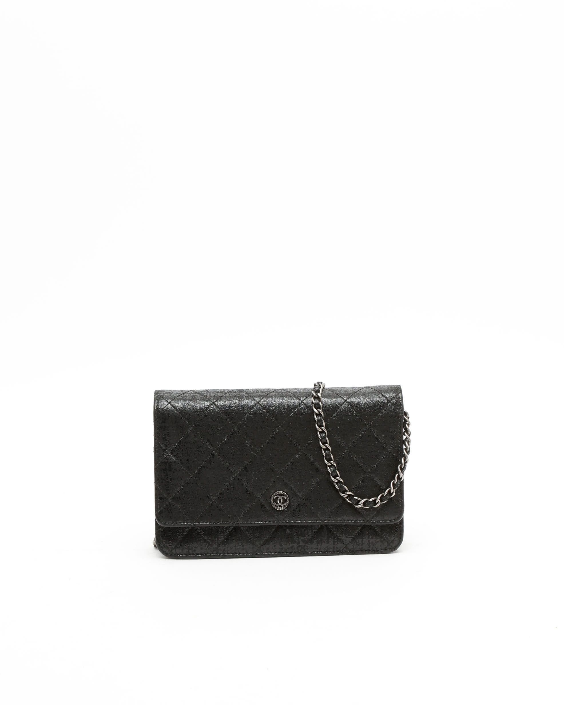 Pre-owned Chanel Shimmery Wallet On Chain Bag In Black