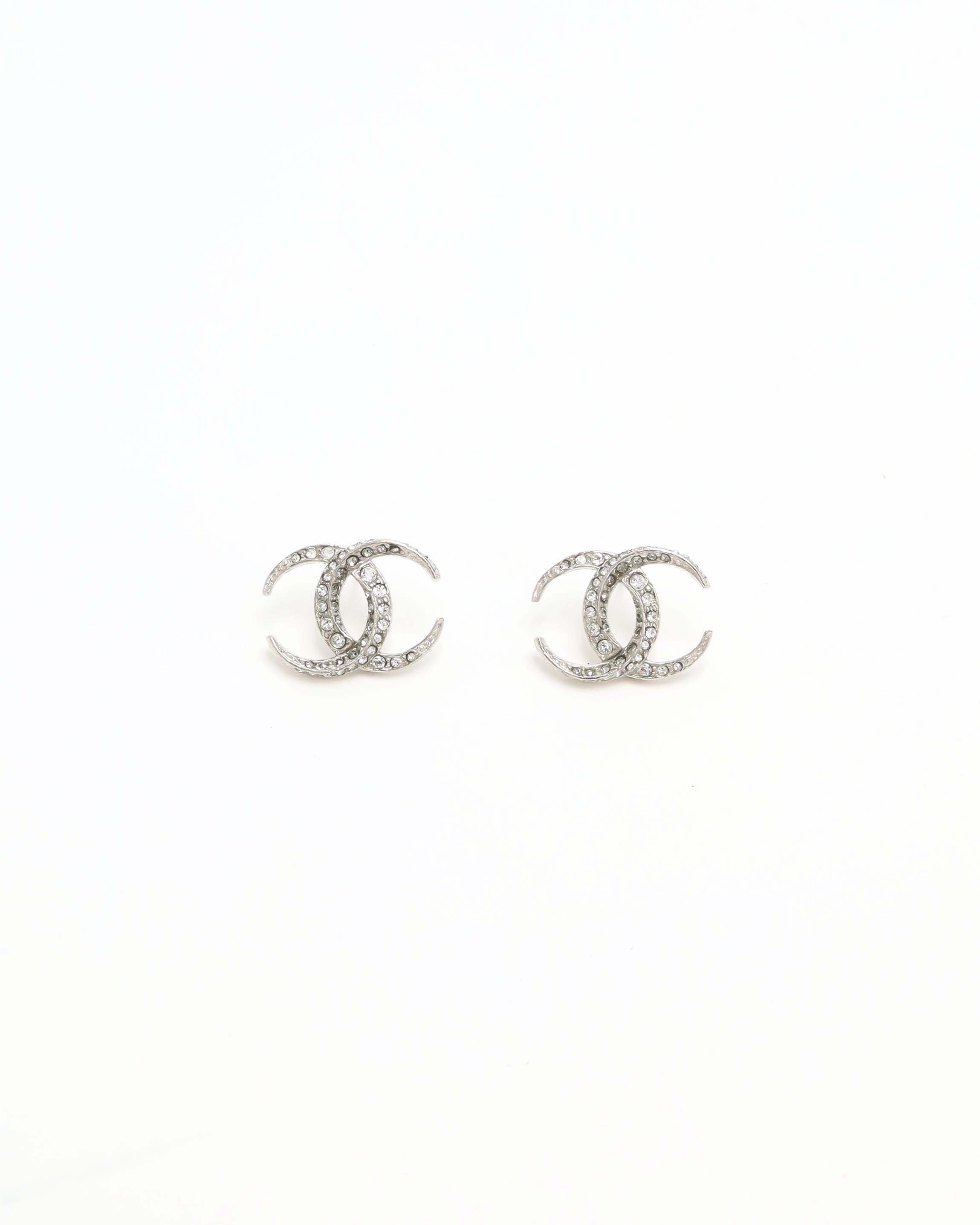 Pre-owned Chanel Coco Mark Rhinestone Earrings In Silver