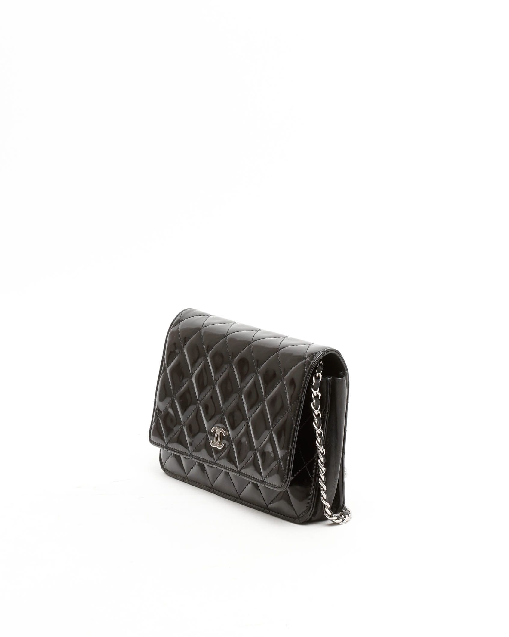 Pre-owned Chanel Classic Patent Wallet On Chain Bag In Black