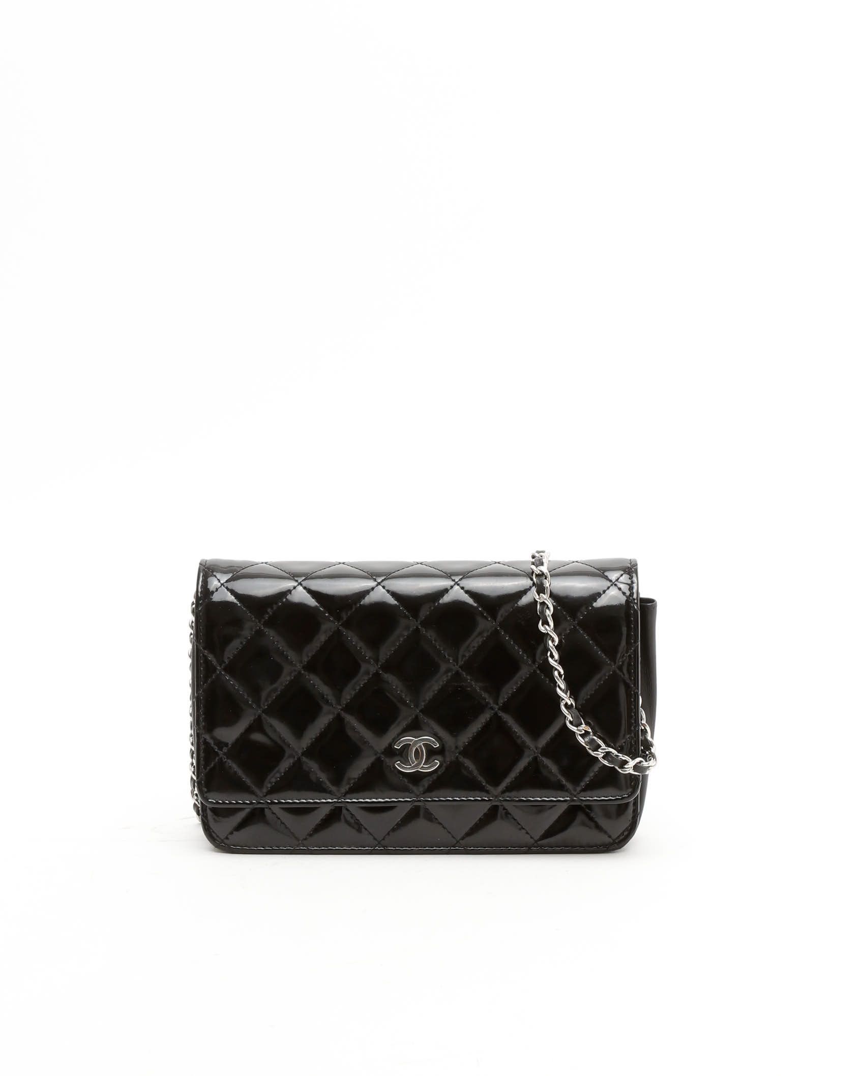 Pre-owned Chanel Classic Patent Wallet On Chain Bag In Black
