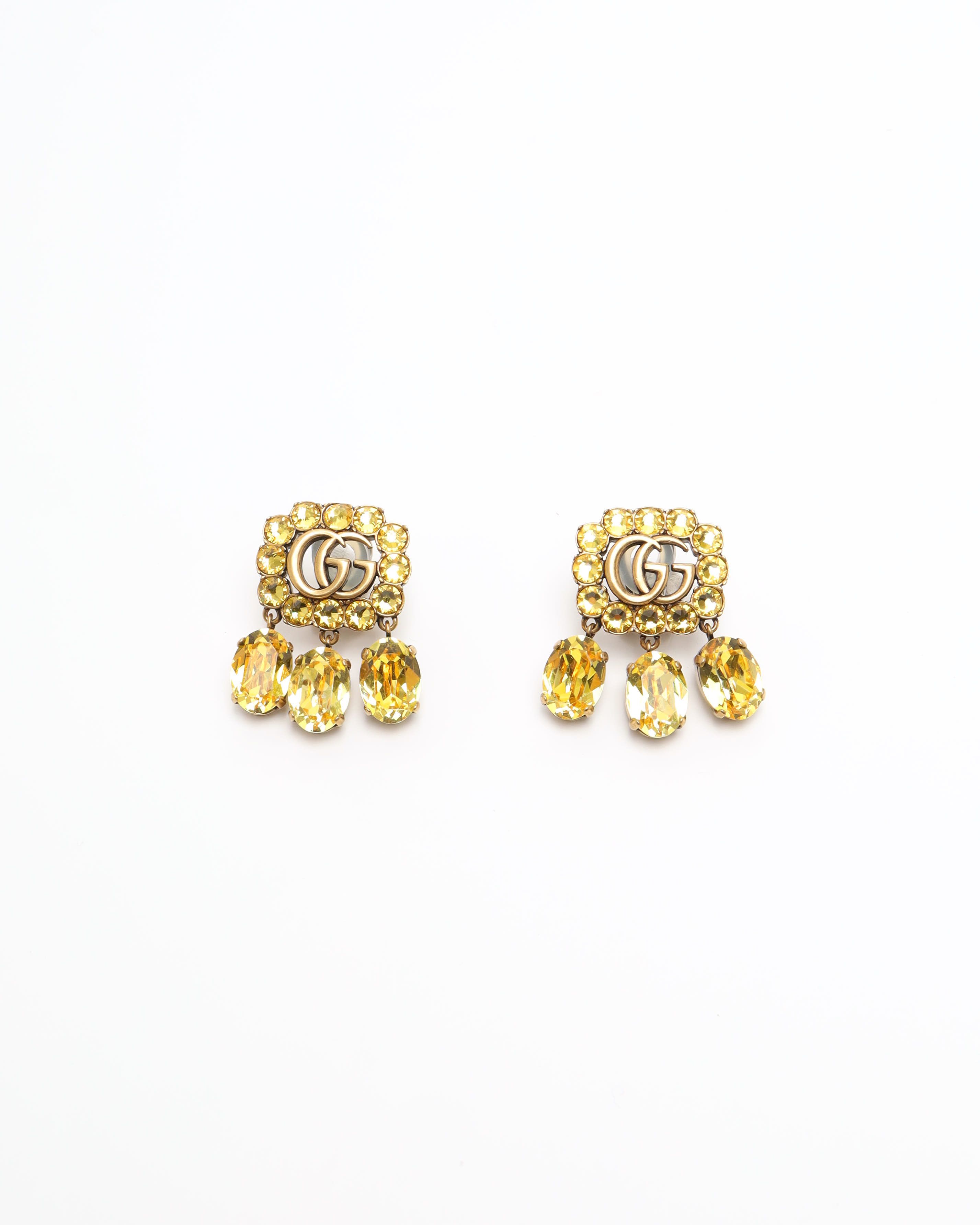Gucci Dangling Rhinestone Clip-on Earrings In Gold