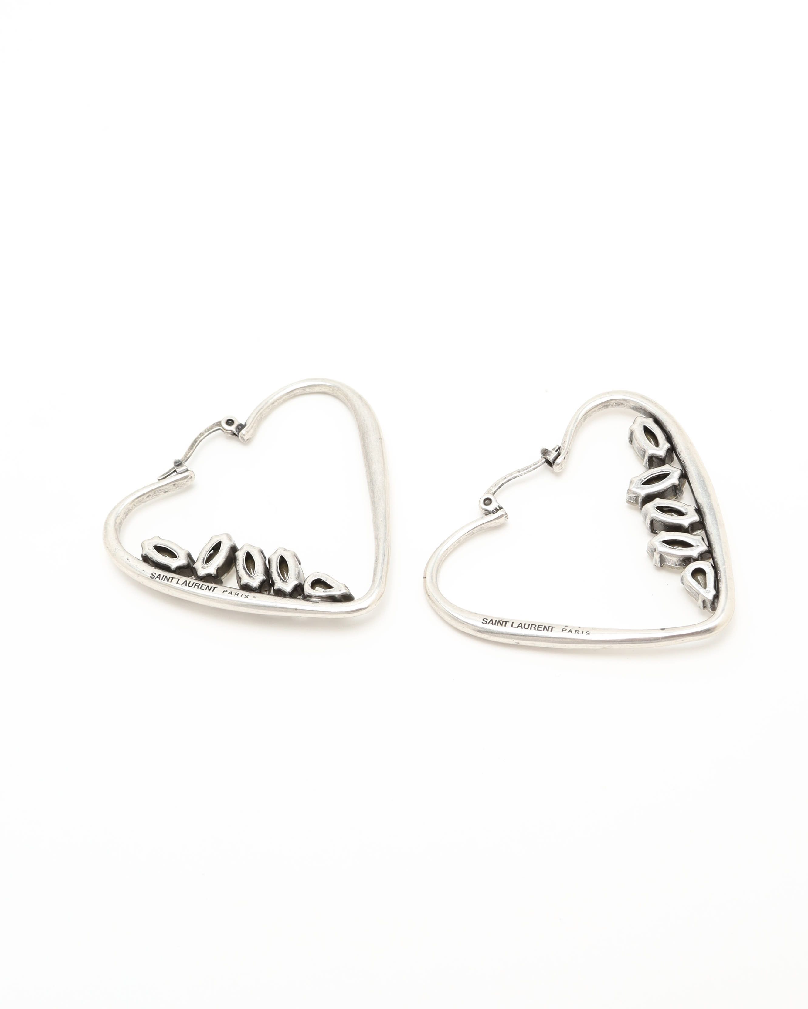Saint Laurent Rhinestone Heart Hoop Earrings In Silver