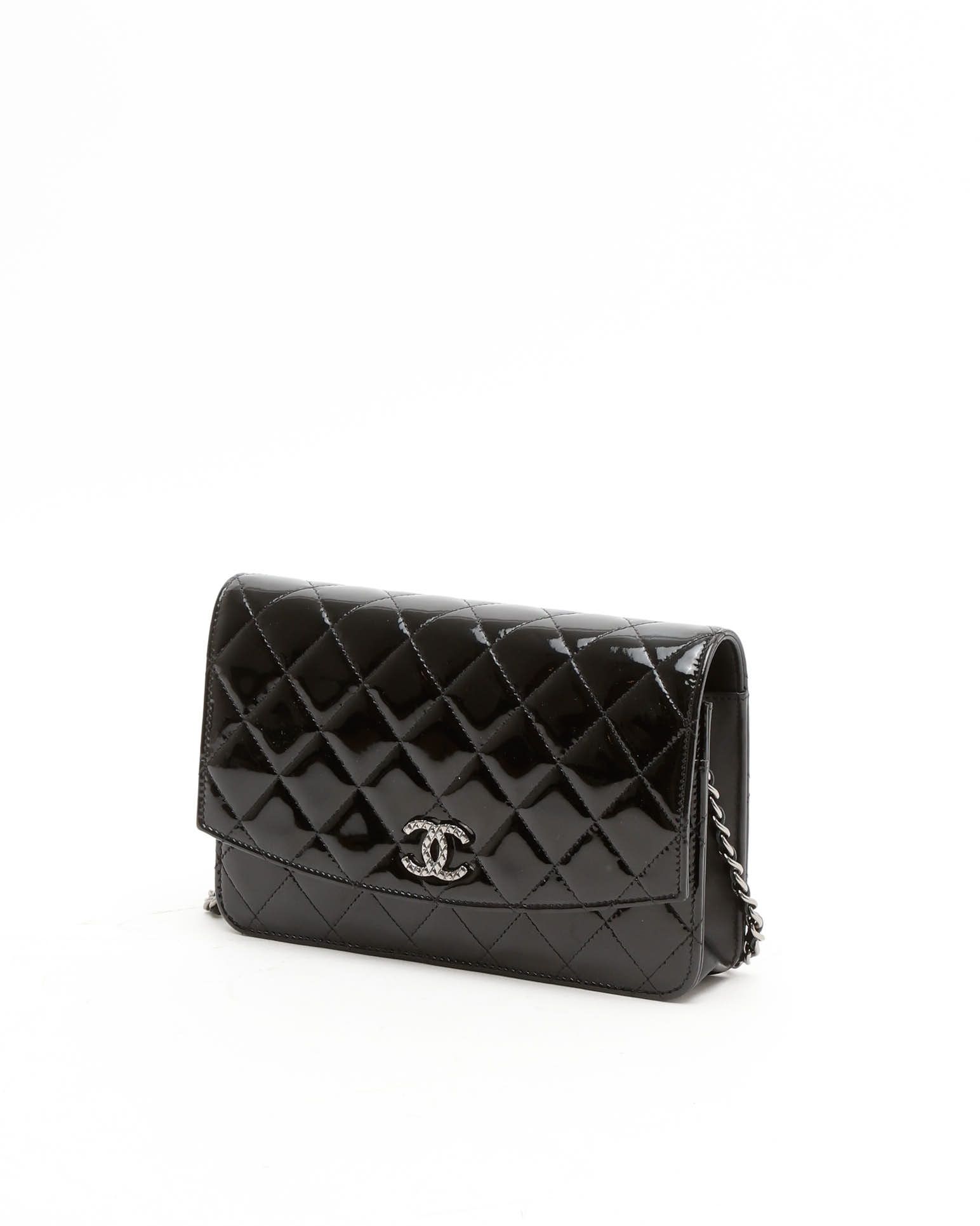 Pre-owned Chanel Patent Wallet On Chain Bag In Black