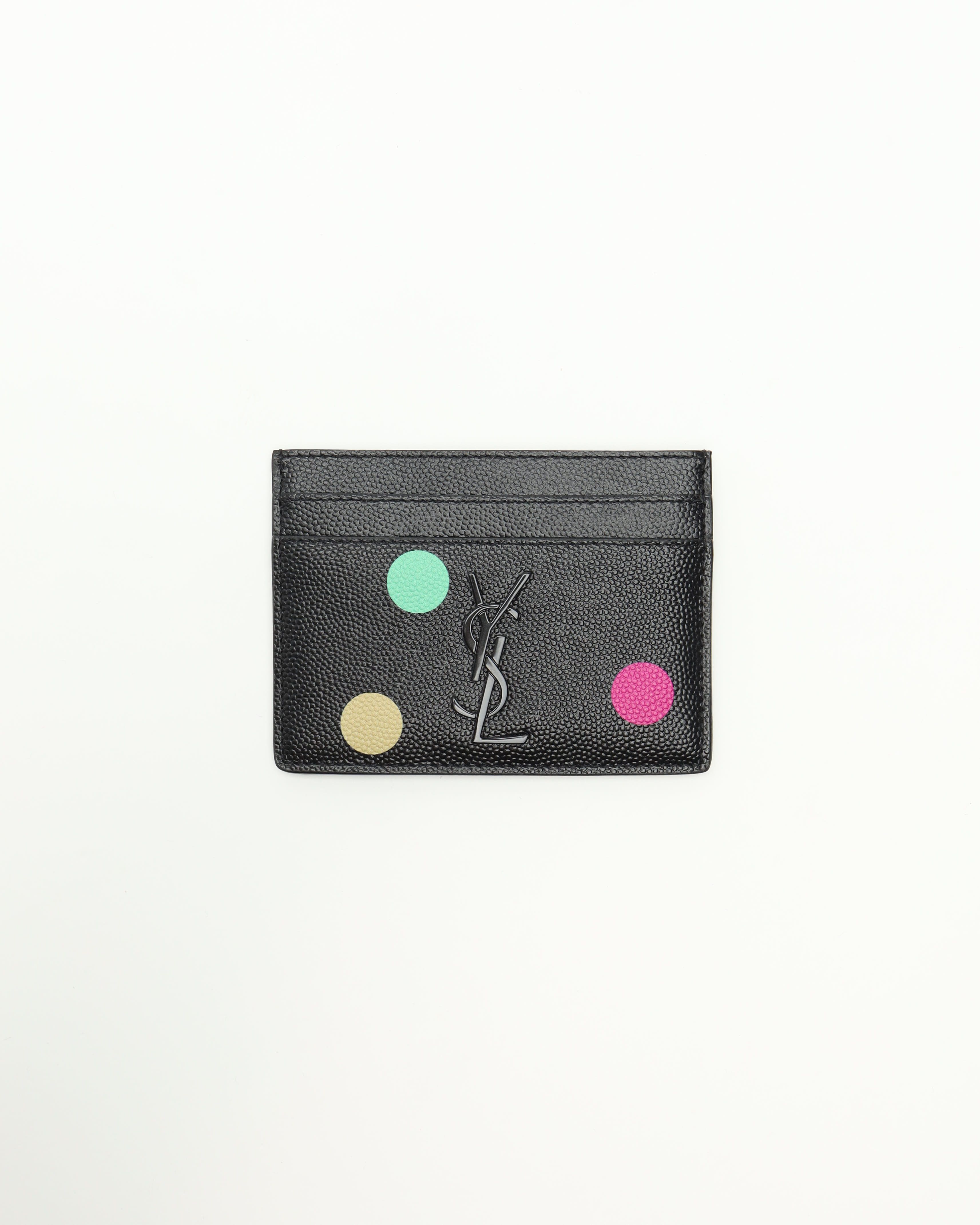 Saint Laurent Ysl Monogram Polka Dot Card Holder In Black