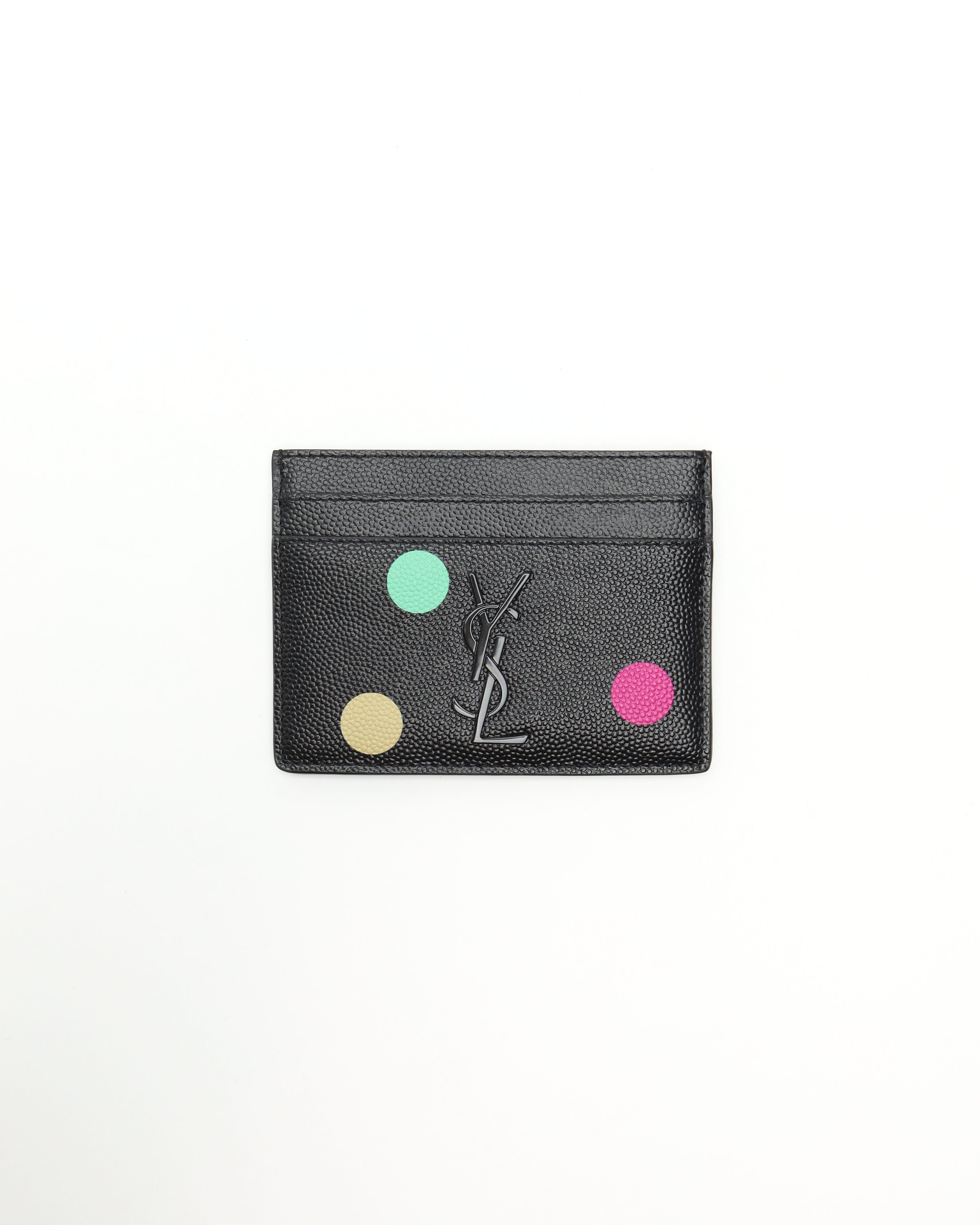 Saint Laurent Ysl Monogram Polka Dot Card Holder In Black