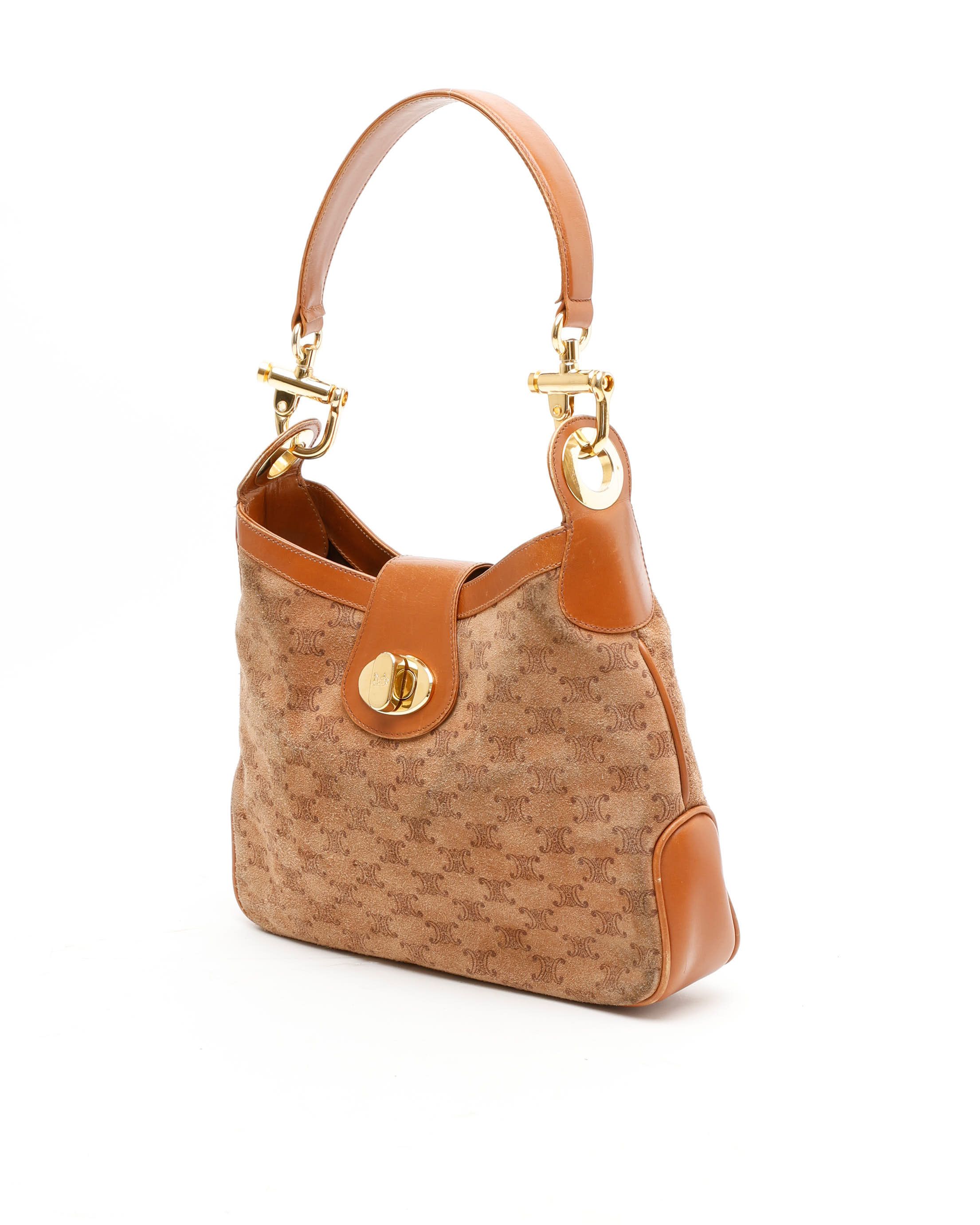 Celine Céline Suede Macadam Shoulder Bag In Brown
