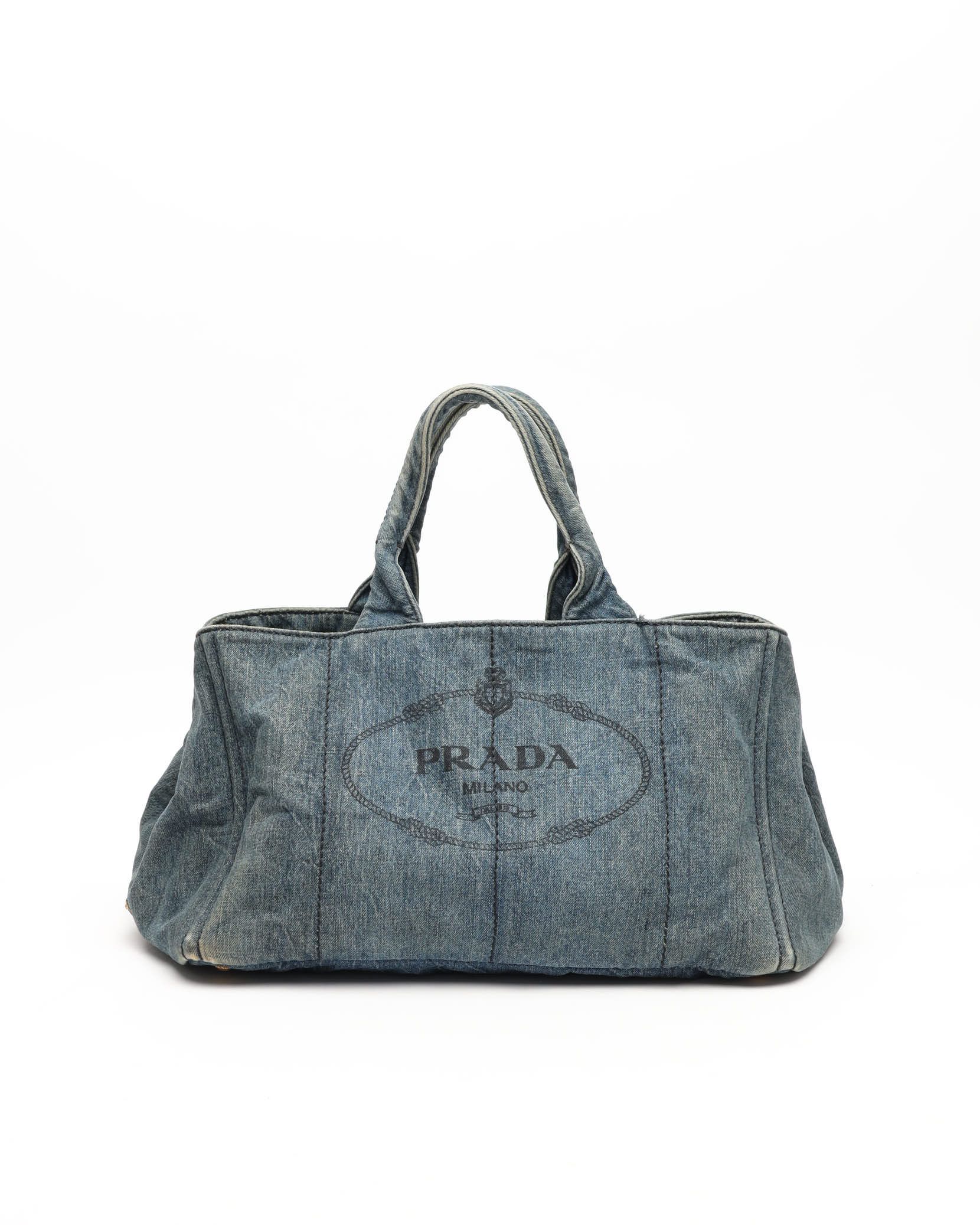 Prada Large Denim Canapa Bag In Blue