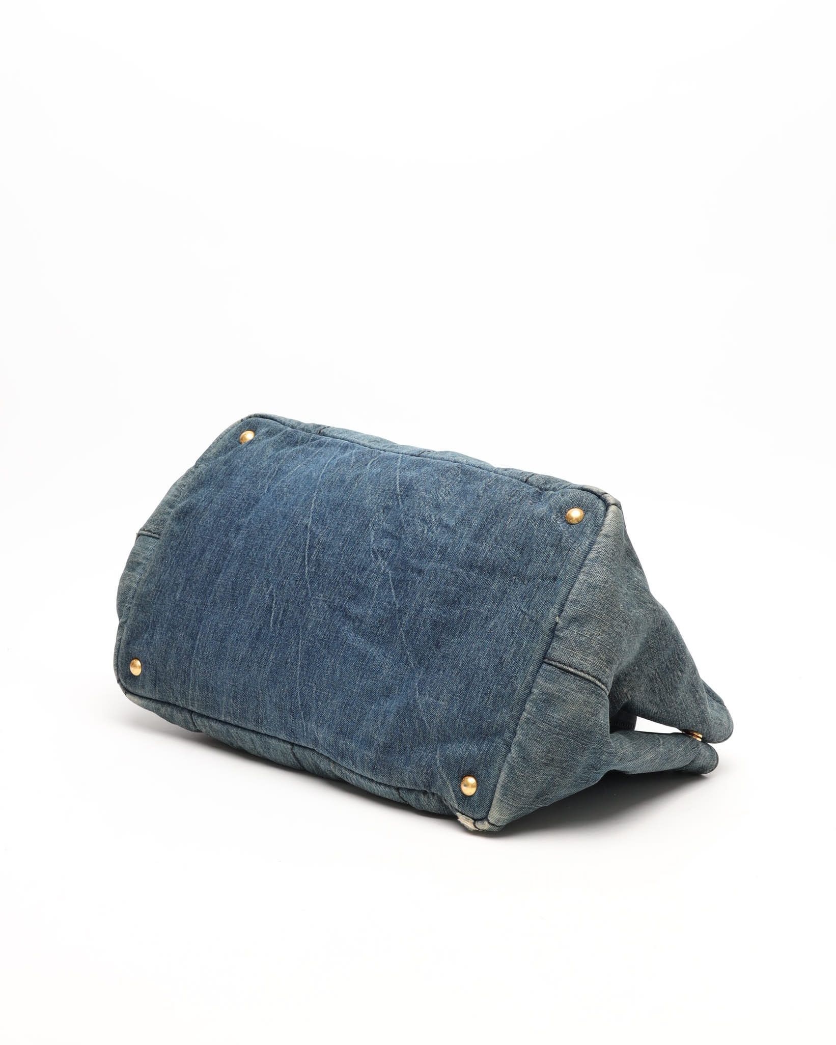 Prada Large Denim Canapa Bag In Blue