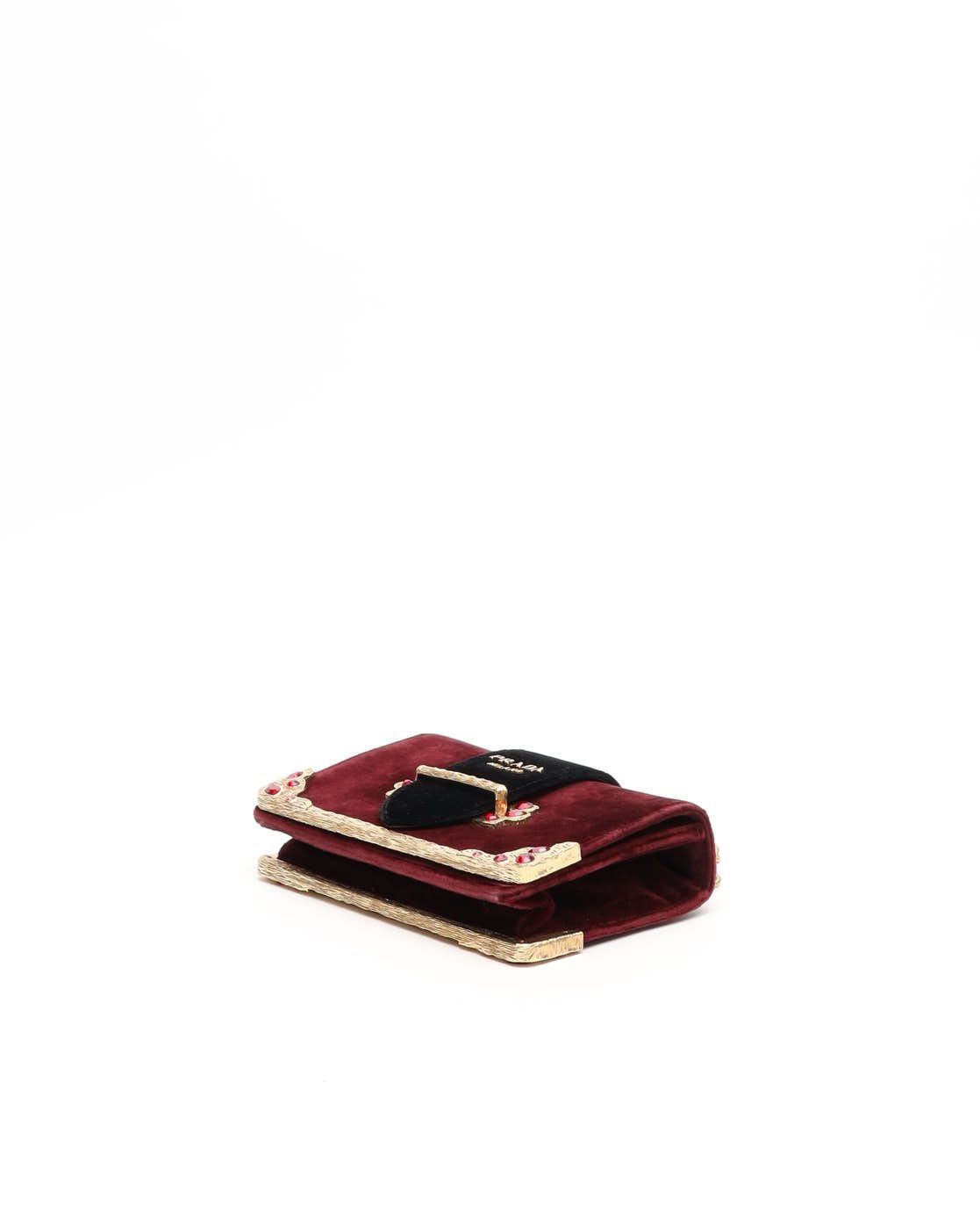 Prada Velvet Crystal Cahier Chain Bag In Burgundy