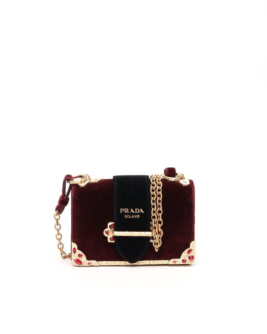 Prada Velvet Crystal Cahier Chain Bag In Burgundy