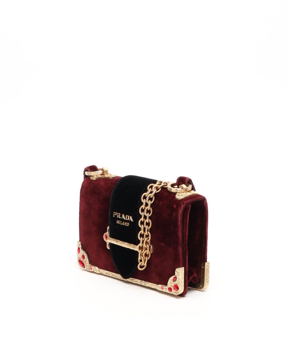 Prada Velvet Crystal Cahier Chain Bag In Burgundy