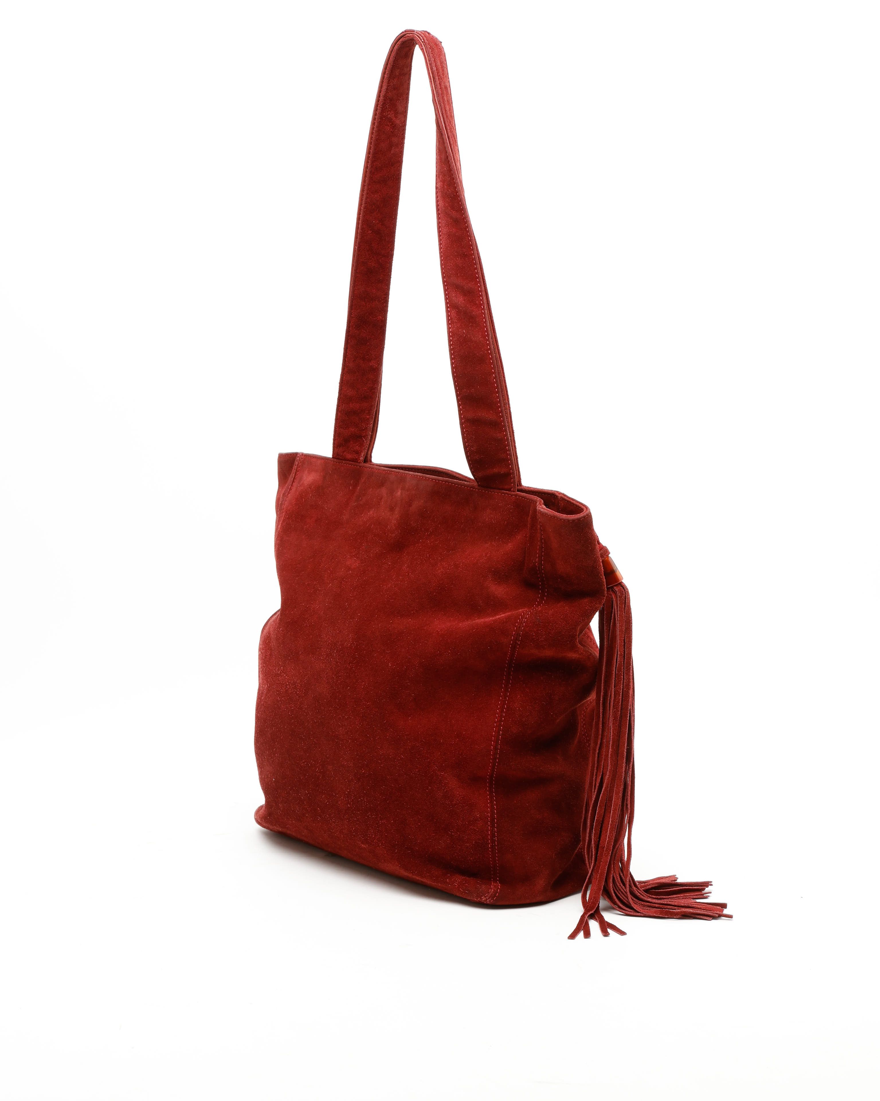 Pre-owned Chanel Cc Suede Fringe Tote Bag In Red