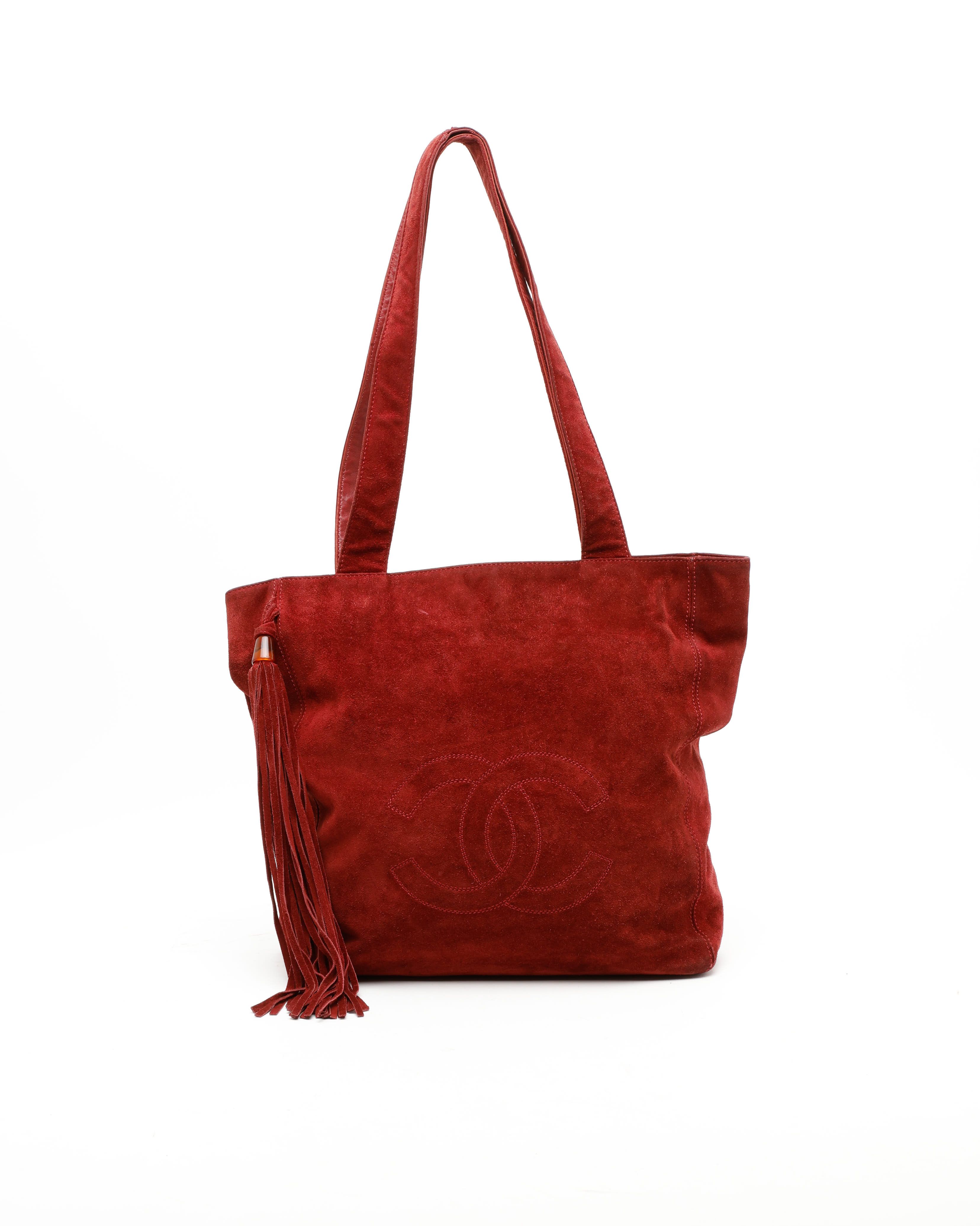 Pre-owned Chanel Cc Suede Fringe Tote Bag In Red