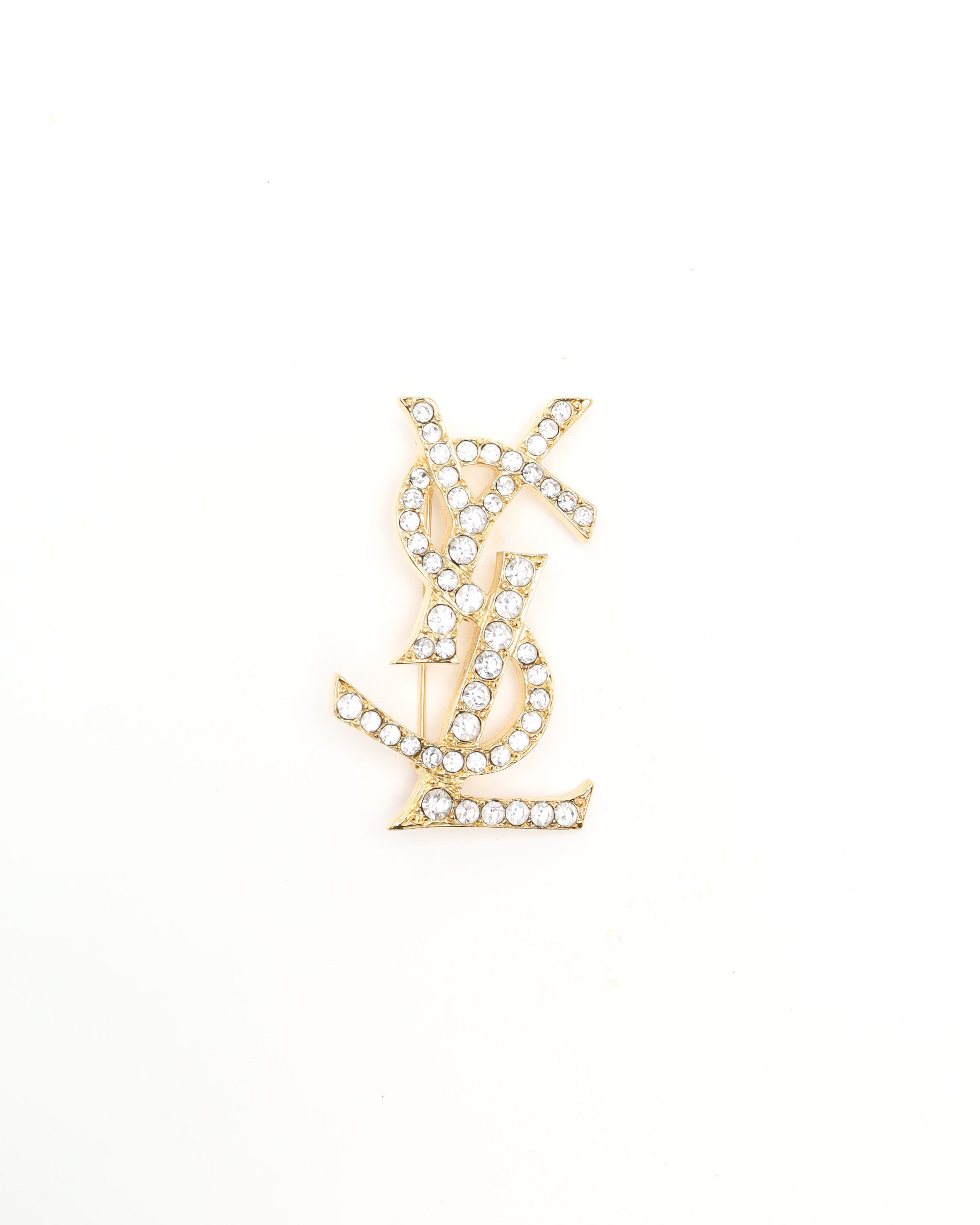 Saint Laurent Ysl Logo Rhinestone Brosch In Gold