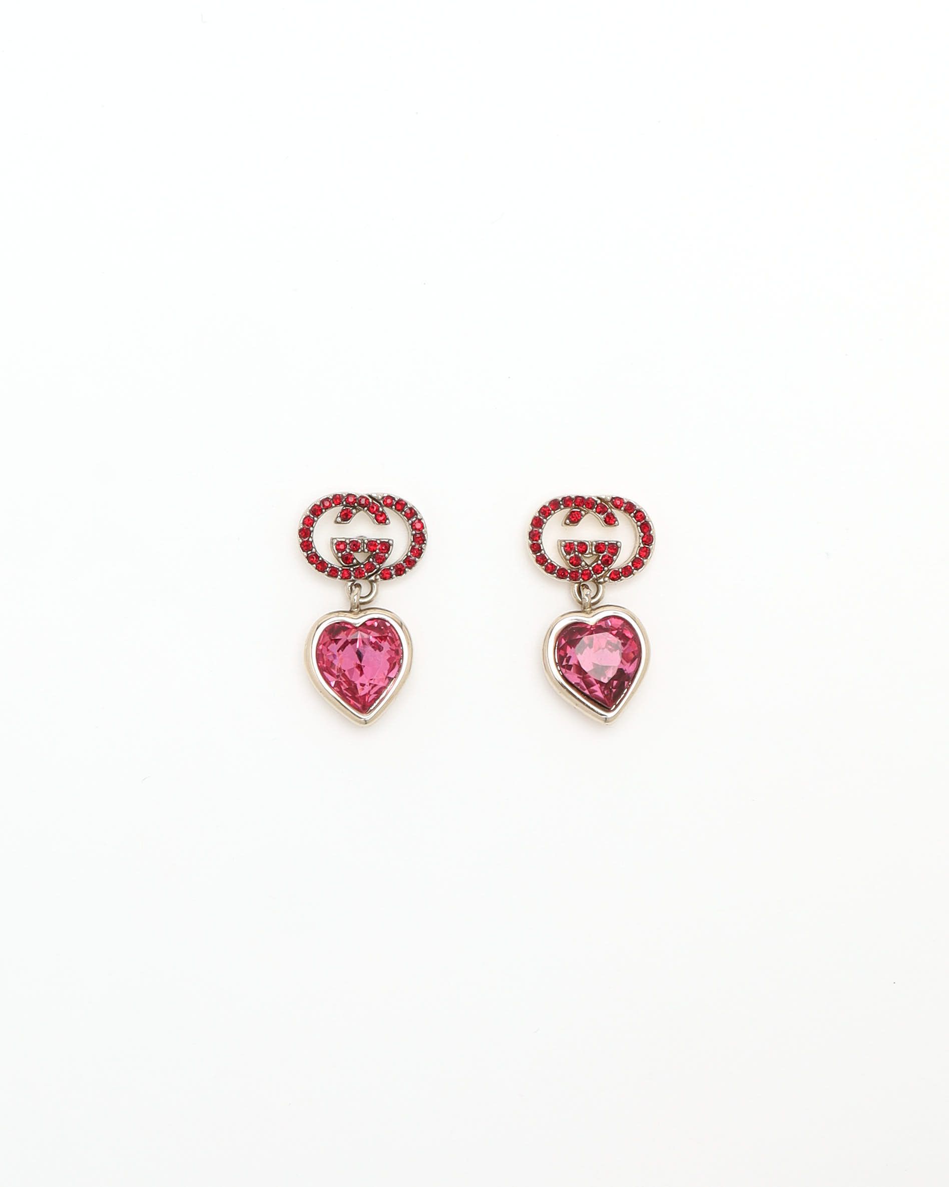 Gucci Dangling Rhinestone Heart Earrings In Red