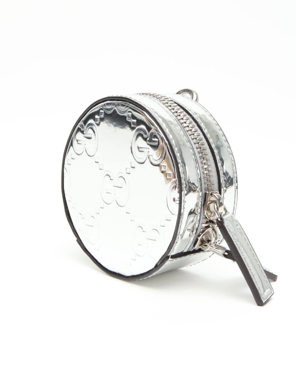 Gucci Gg Patent Leather Coin Purse In Silver