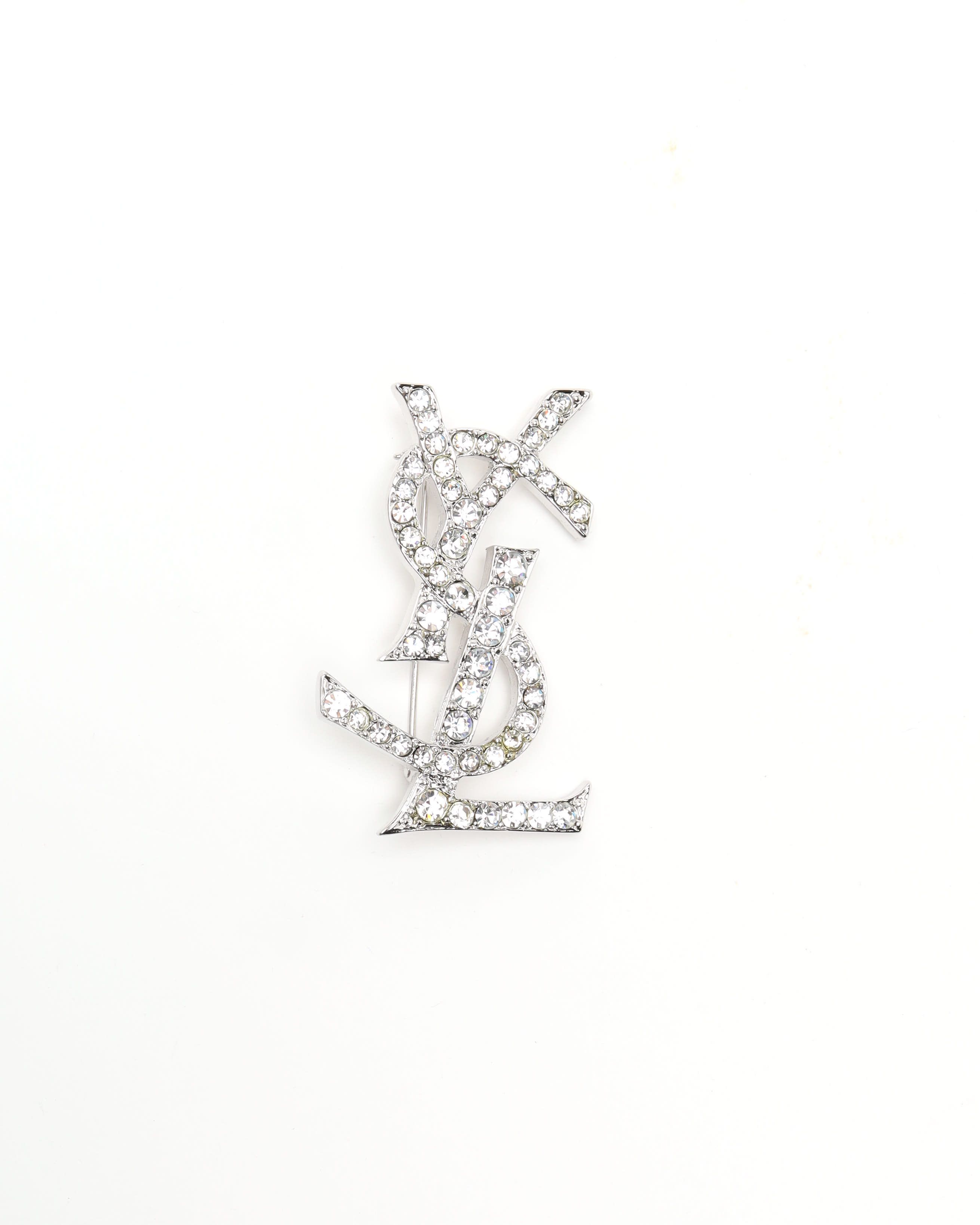 Saint Laurent Ysl Logo Rhinestone Brooch In Silver