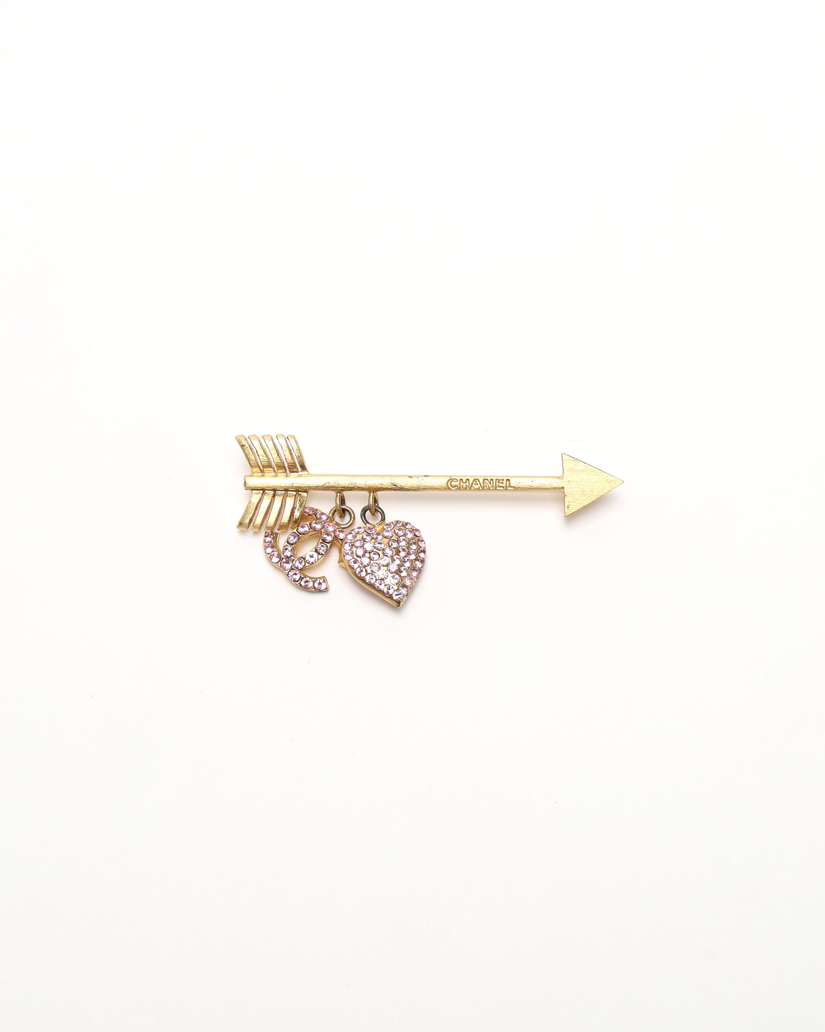 Pre-owned Chanel Rhinestone Cupid Arrow Brooch In Gold